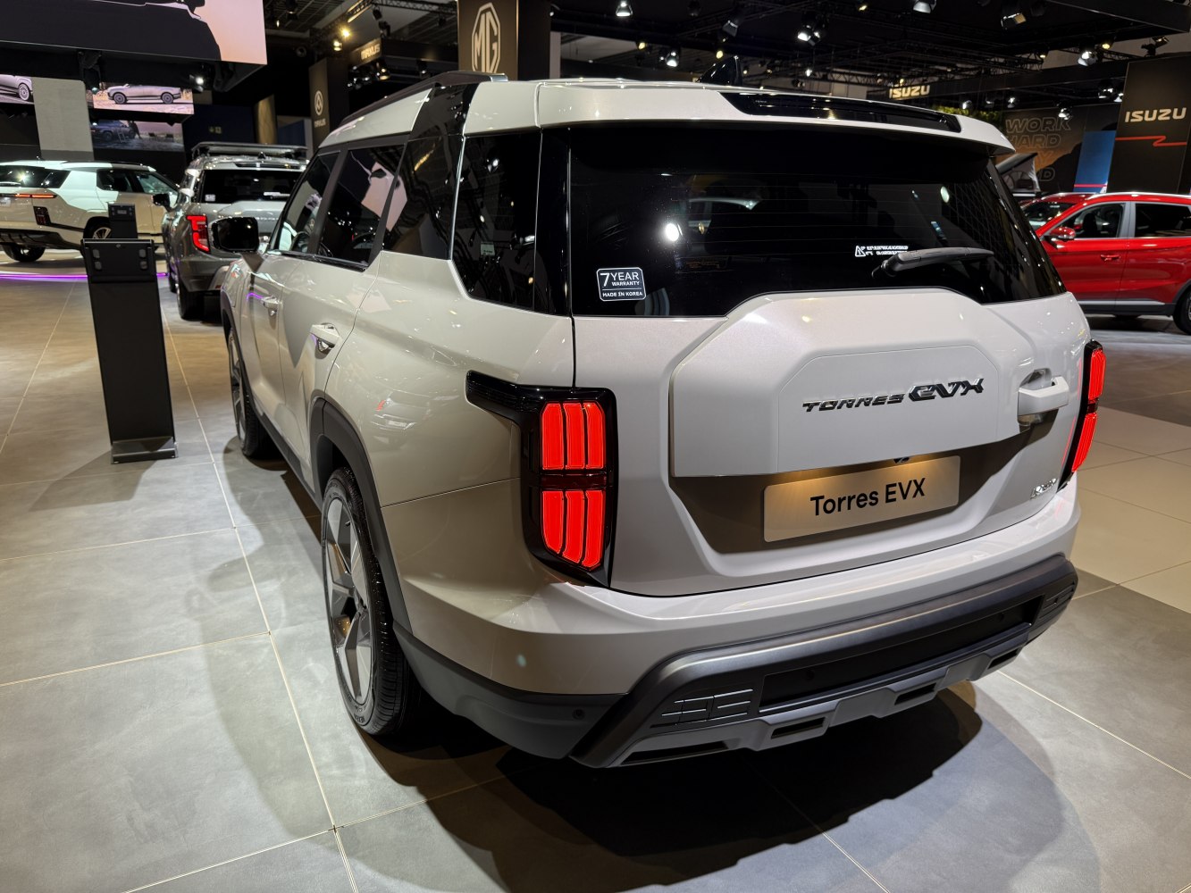 Rear view of SUV with unique vertical segmented tail lights and robust bumper