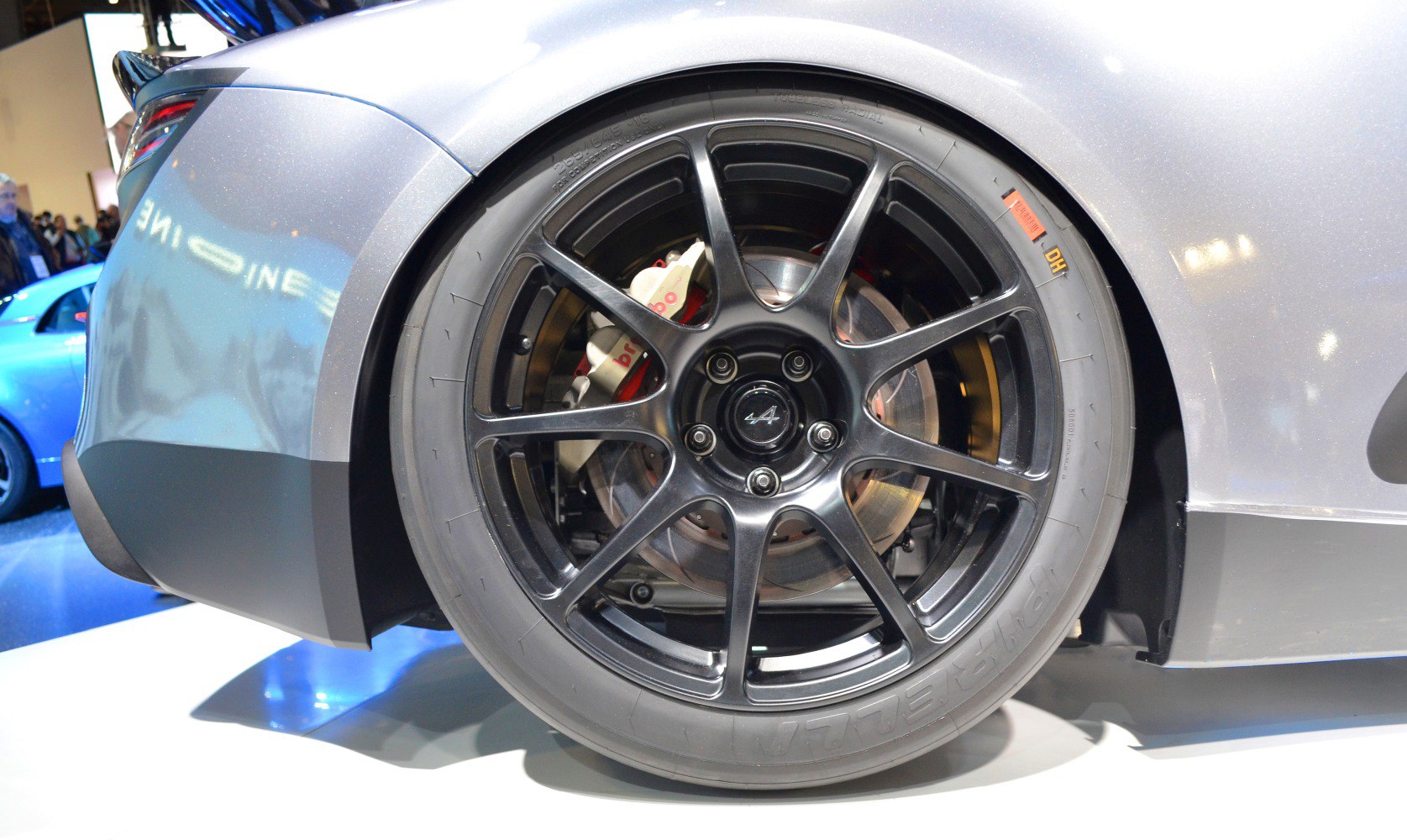 Close-up of alloy wheel with Brembo brake caliper and disc brake
