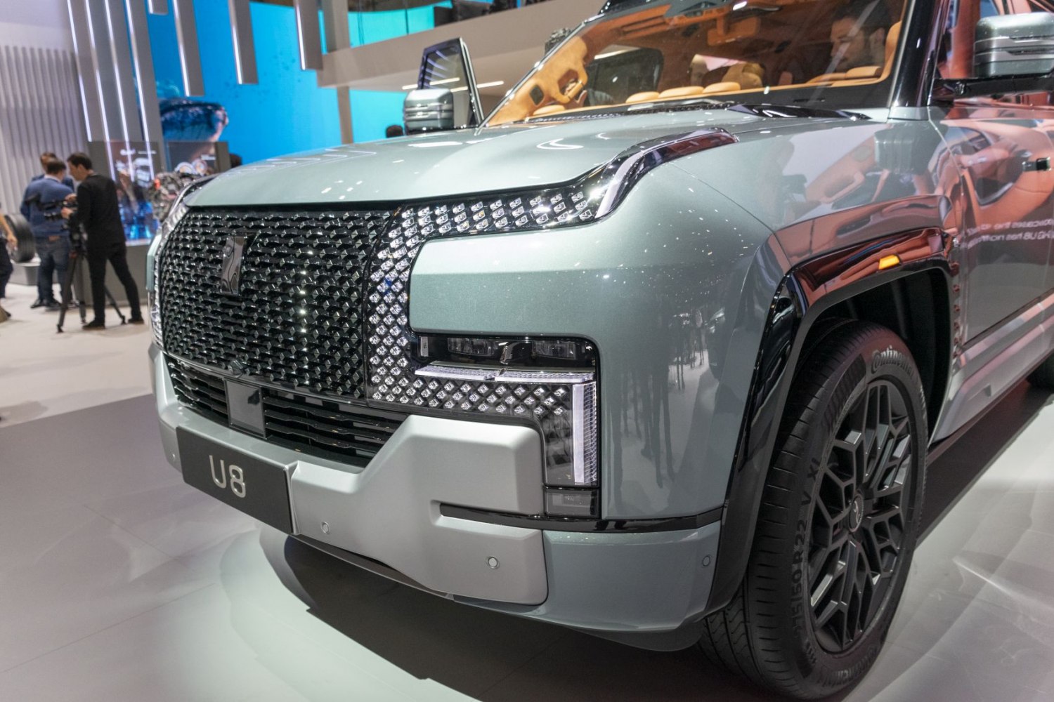 Close-up of distinctive front grille and LED headlights