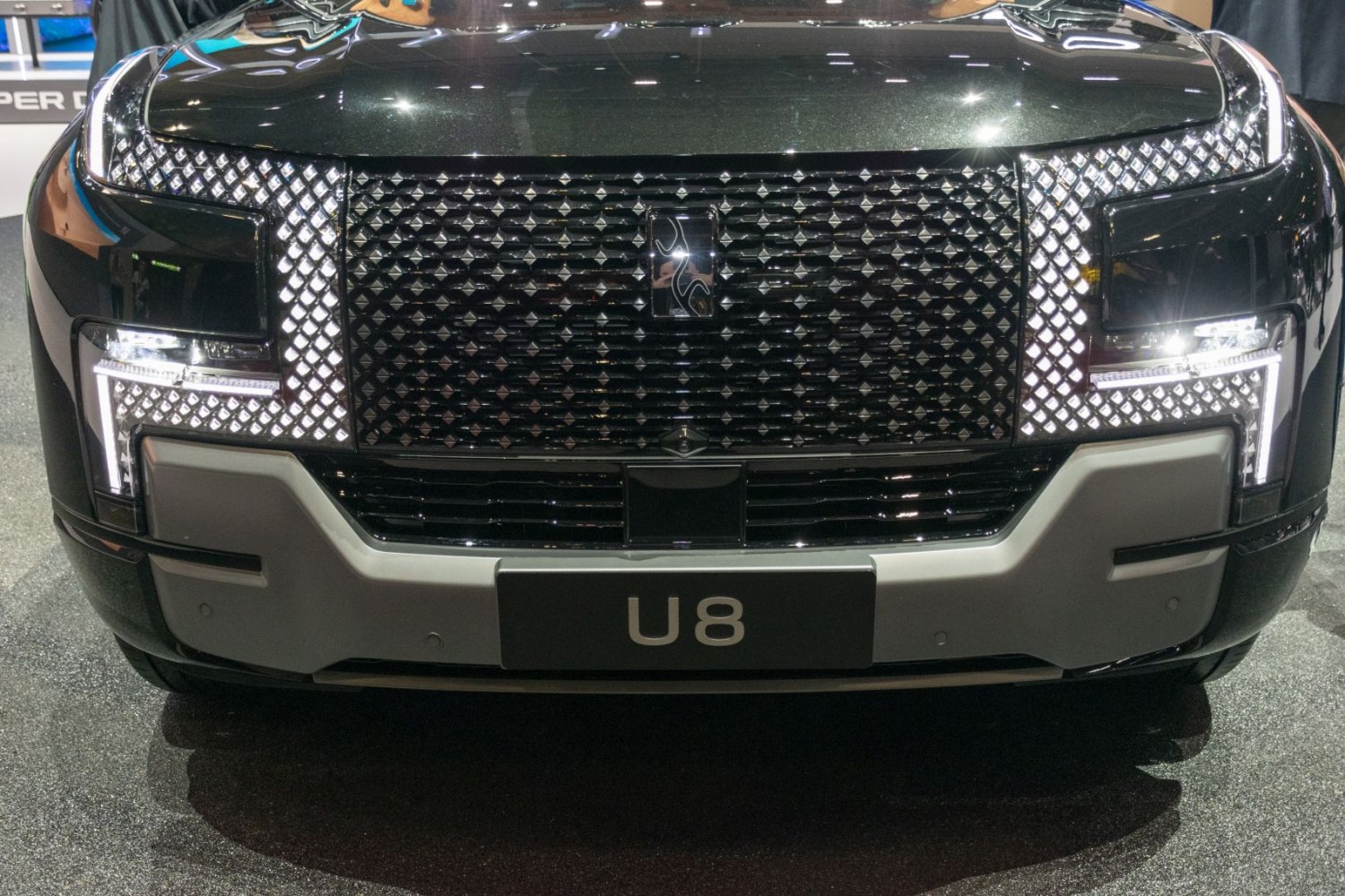 Front grille with diamond-pattern mesh and LED headlights with L-shaped DRL