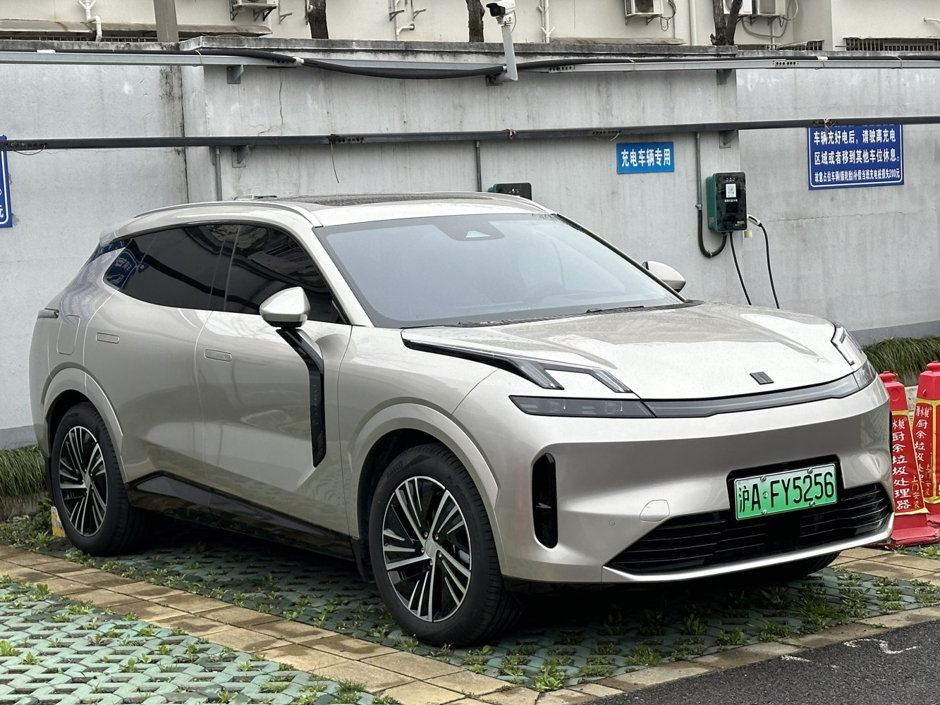 Modern electric SUV with unique headlights and sculpted aerodynamic body.