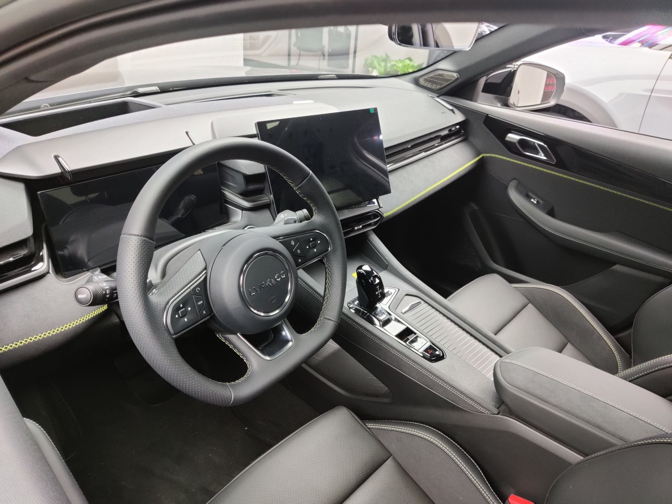 Modern car interior with digital dashboard and touchscreen display
