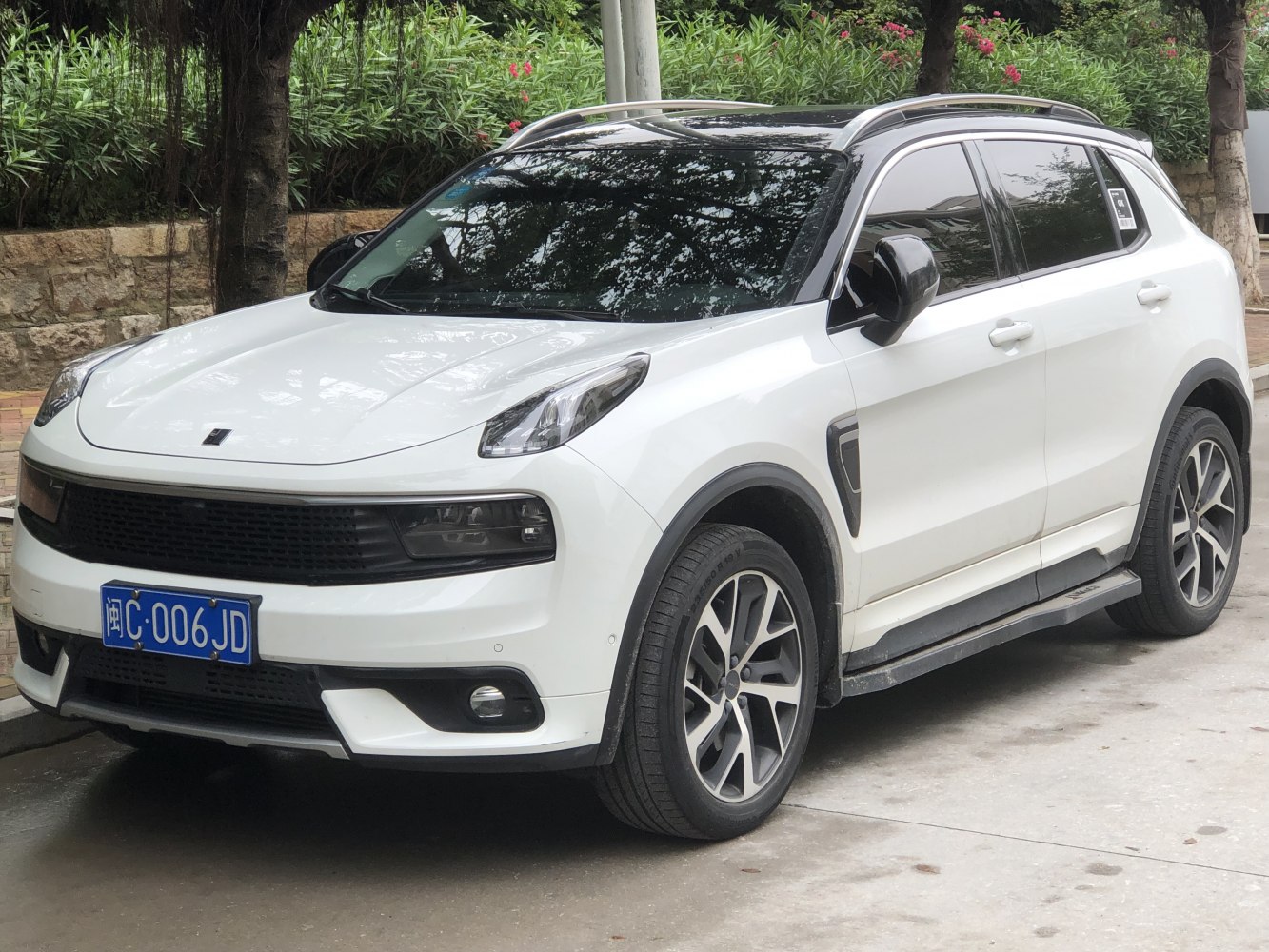 White SUV with black roof, alloy wheels, and distinct front grille