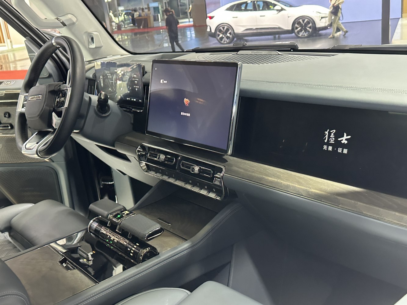 Dual touchscreen display and modern dashboard panel in vehicle interior
