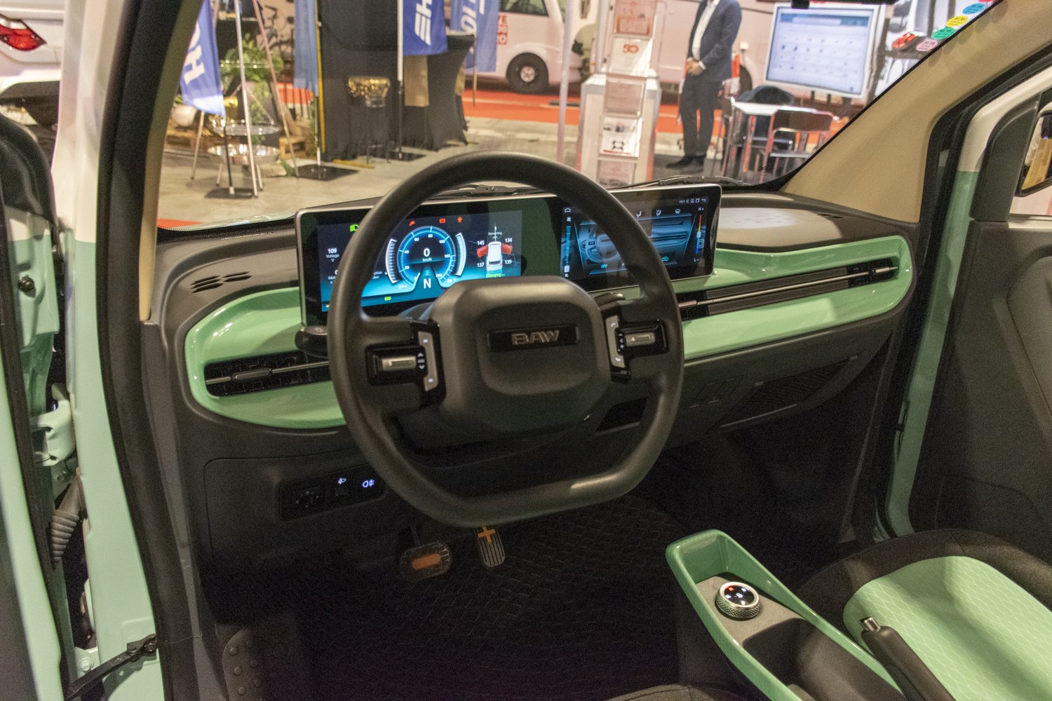 Digital dashboard and steering wheel in modern car interior