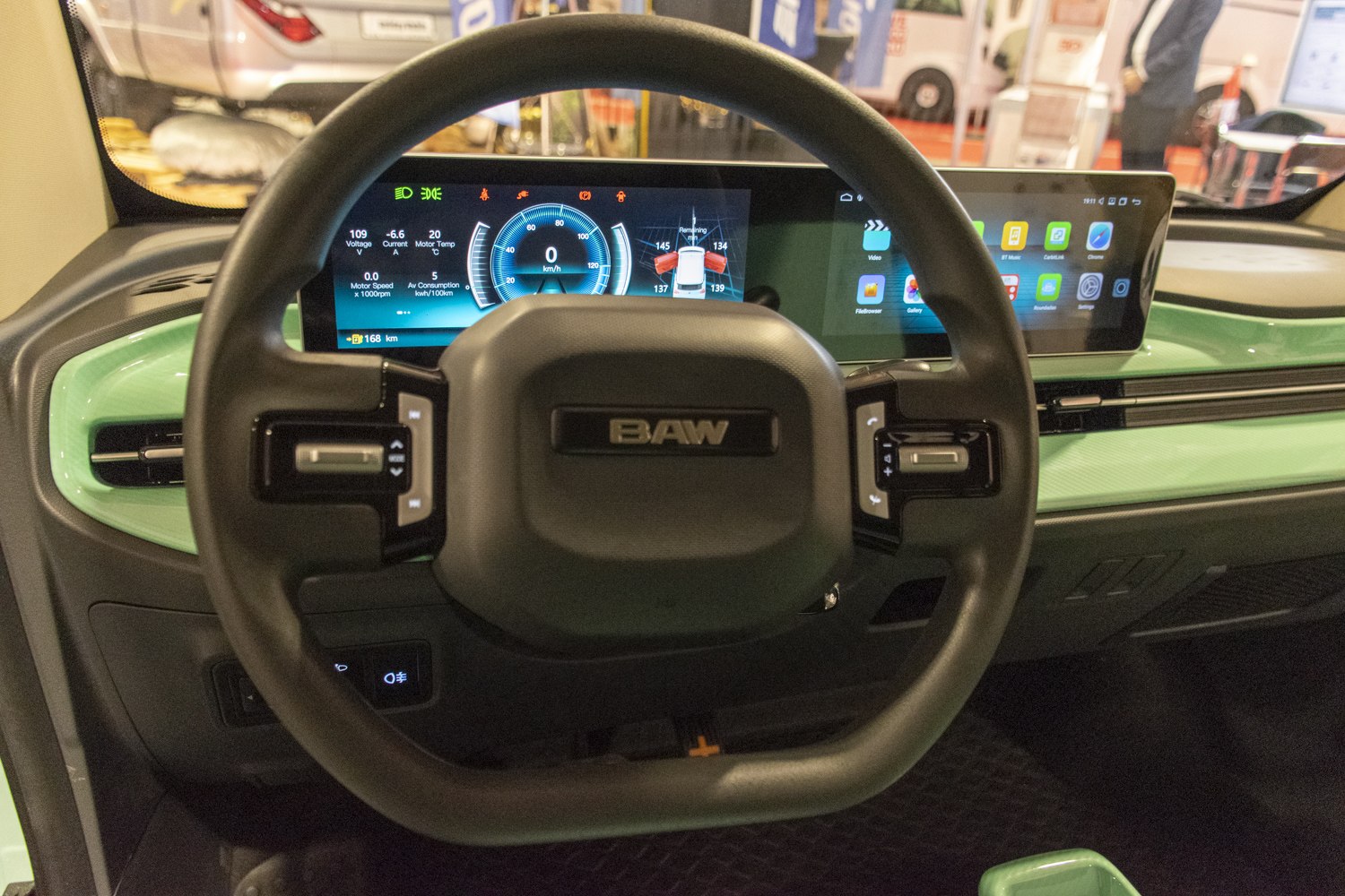 Multifunction steering wheel and dual digital displays with instrument cluster and infotainment.