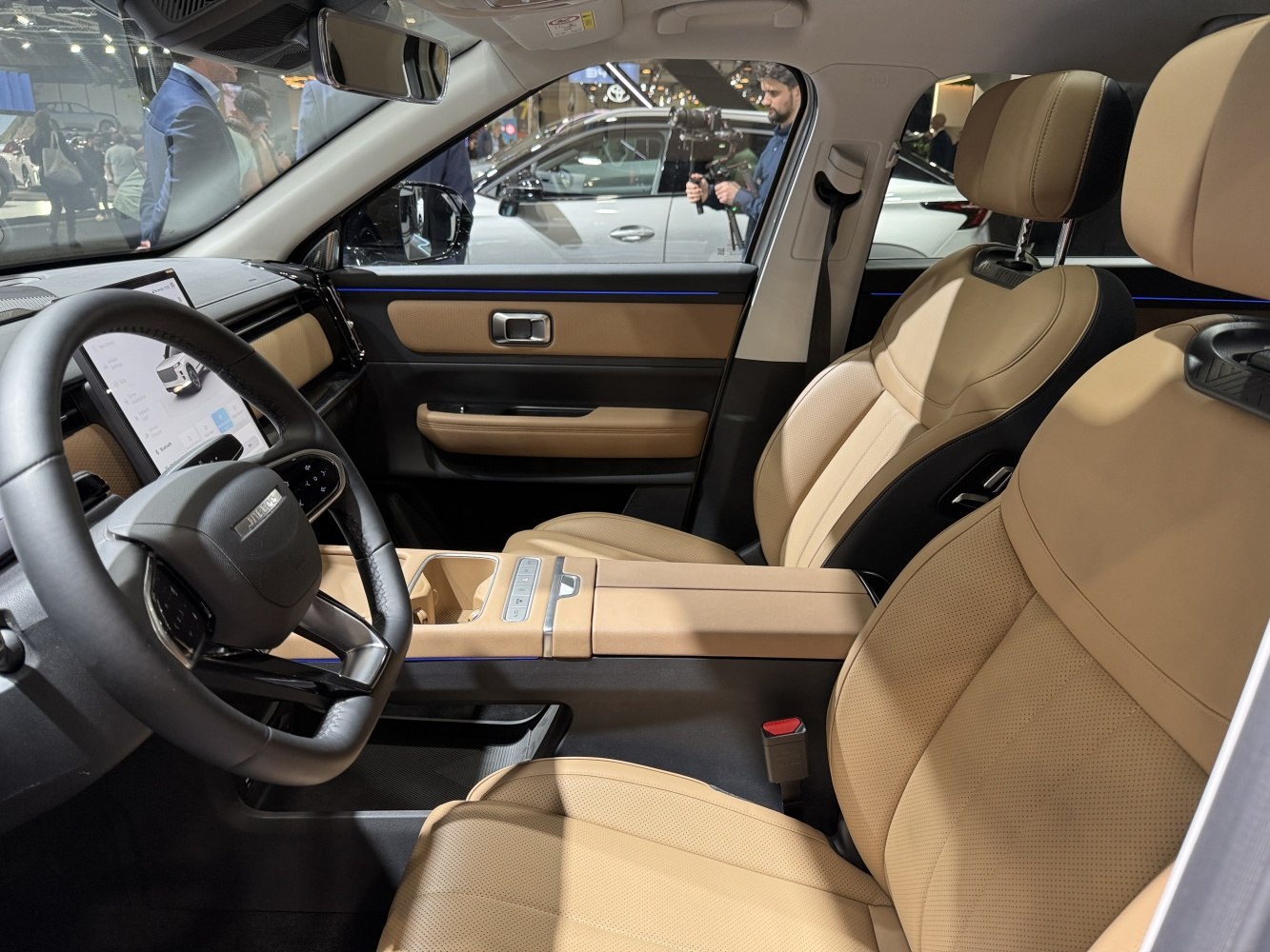 Modern car interior with premium leather seats and touchscreen dashboard