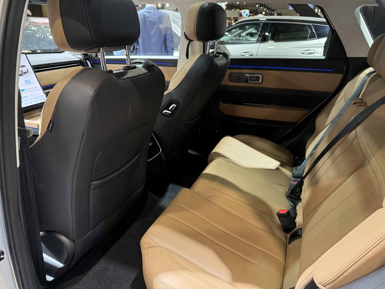 Tan leather rear seats with detailed stitching and spacious legroom