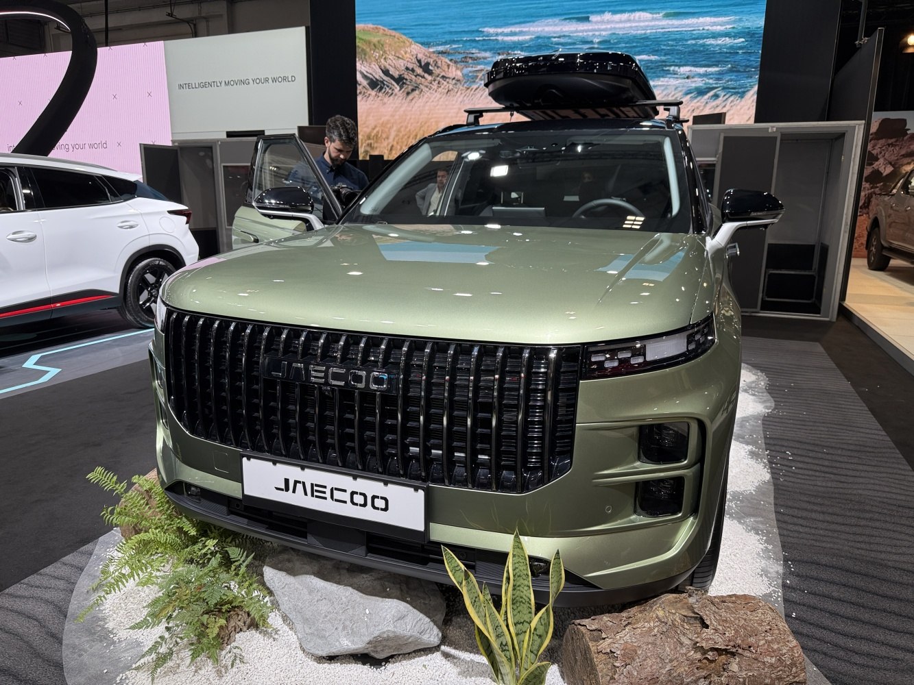 Bold front grille and roof storage box on SUV