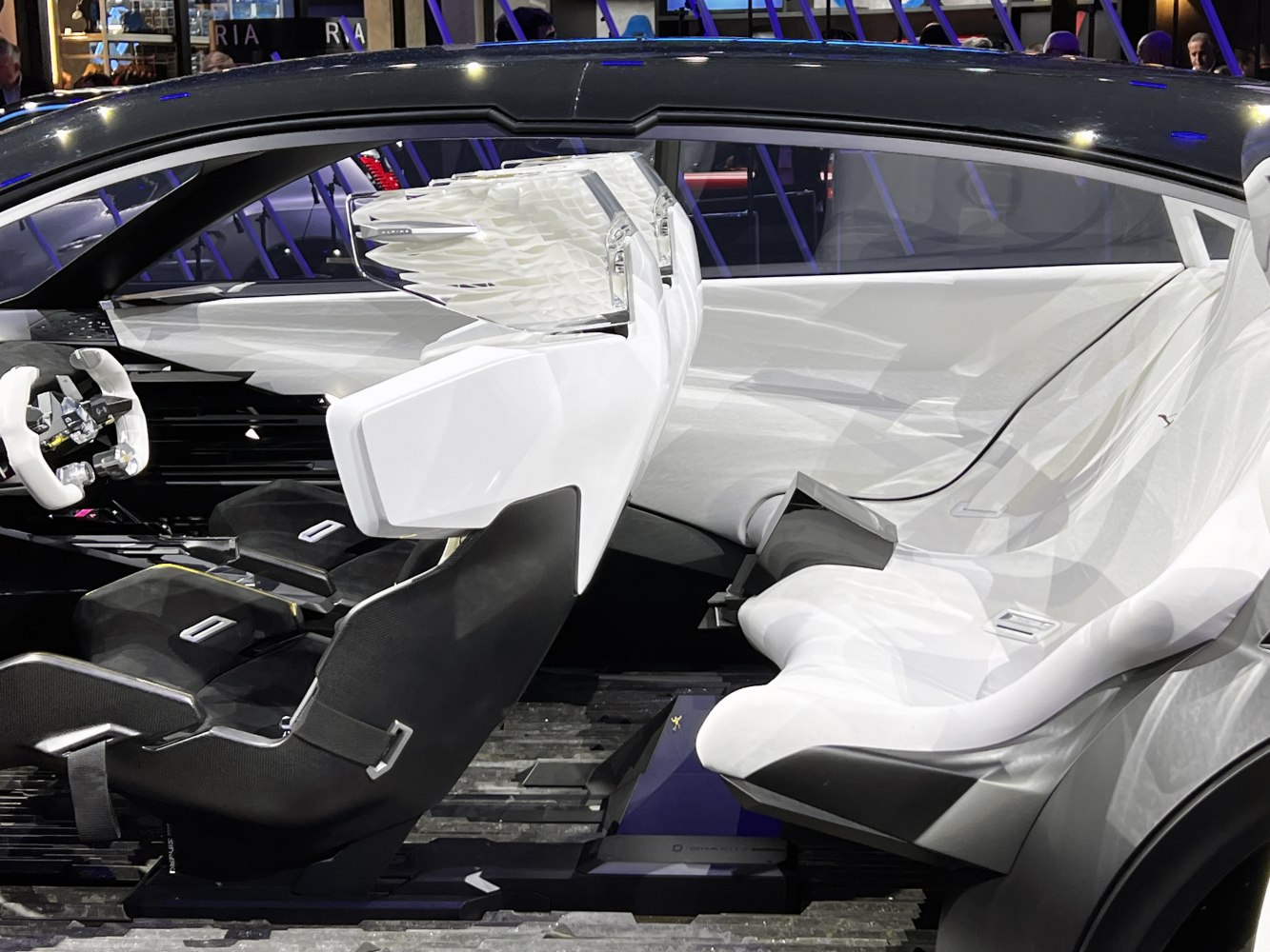 Futuristic cockpit with innovative seat design and sharp lines