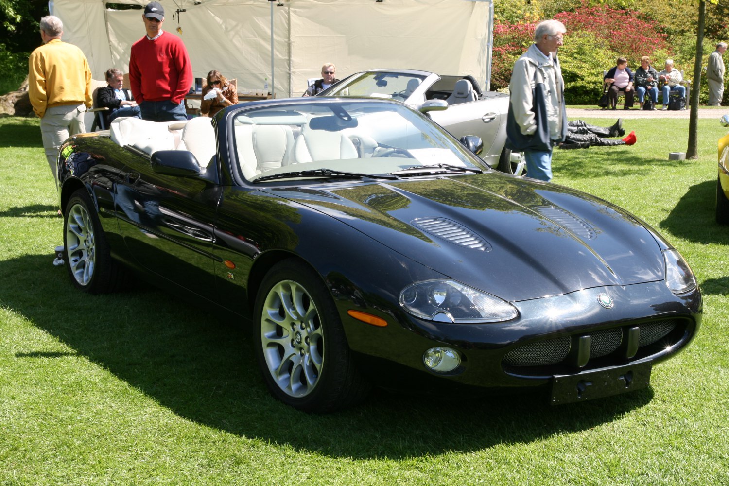 Front view of classic convertible with distinct grille and headlights