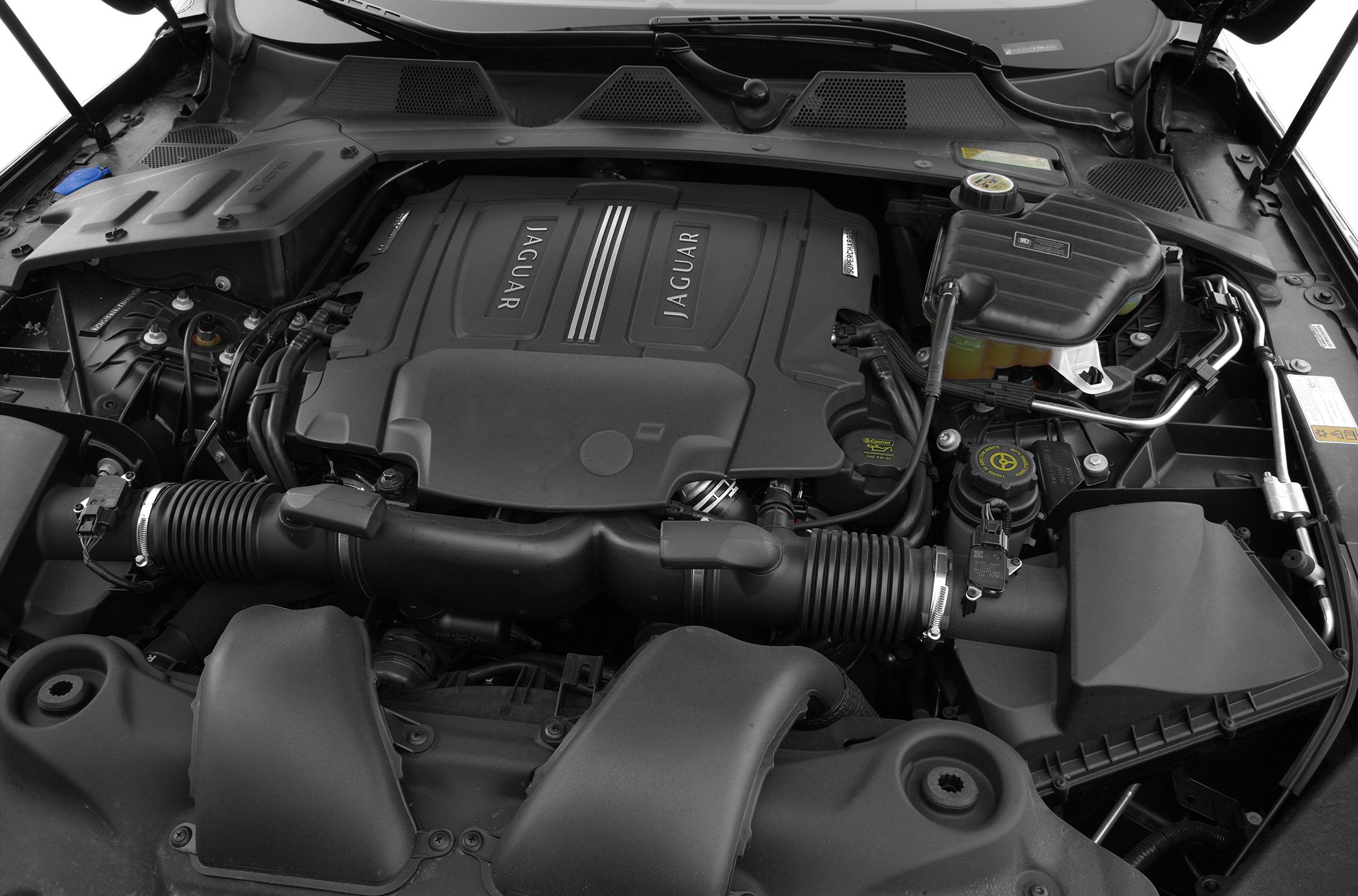 Engine bay with Jaguar branded engine cover and intake system