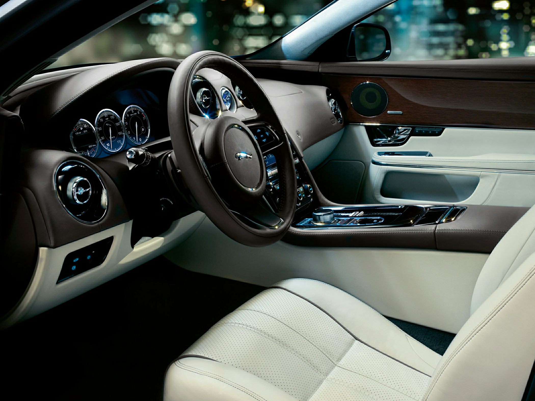 Luxury interior with leather seats and wood trim