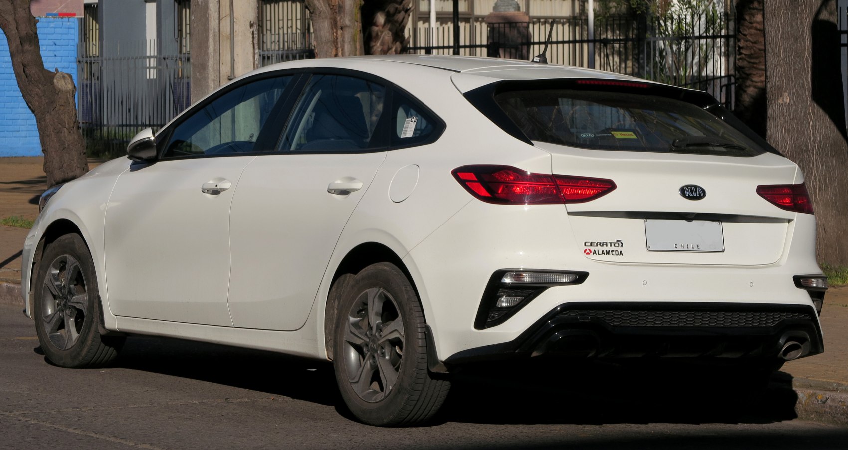 Hatchback rear with LED taillights and dual exhaust pipes