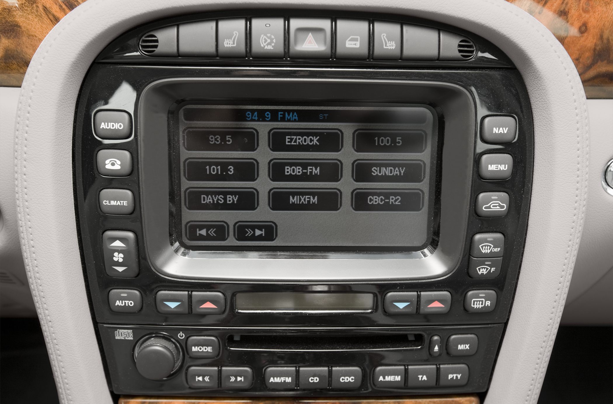 Infotainment and climate control panel with radio and media buttons.