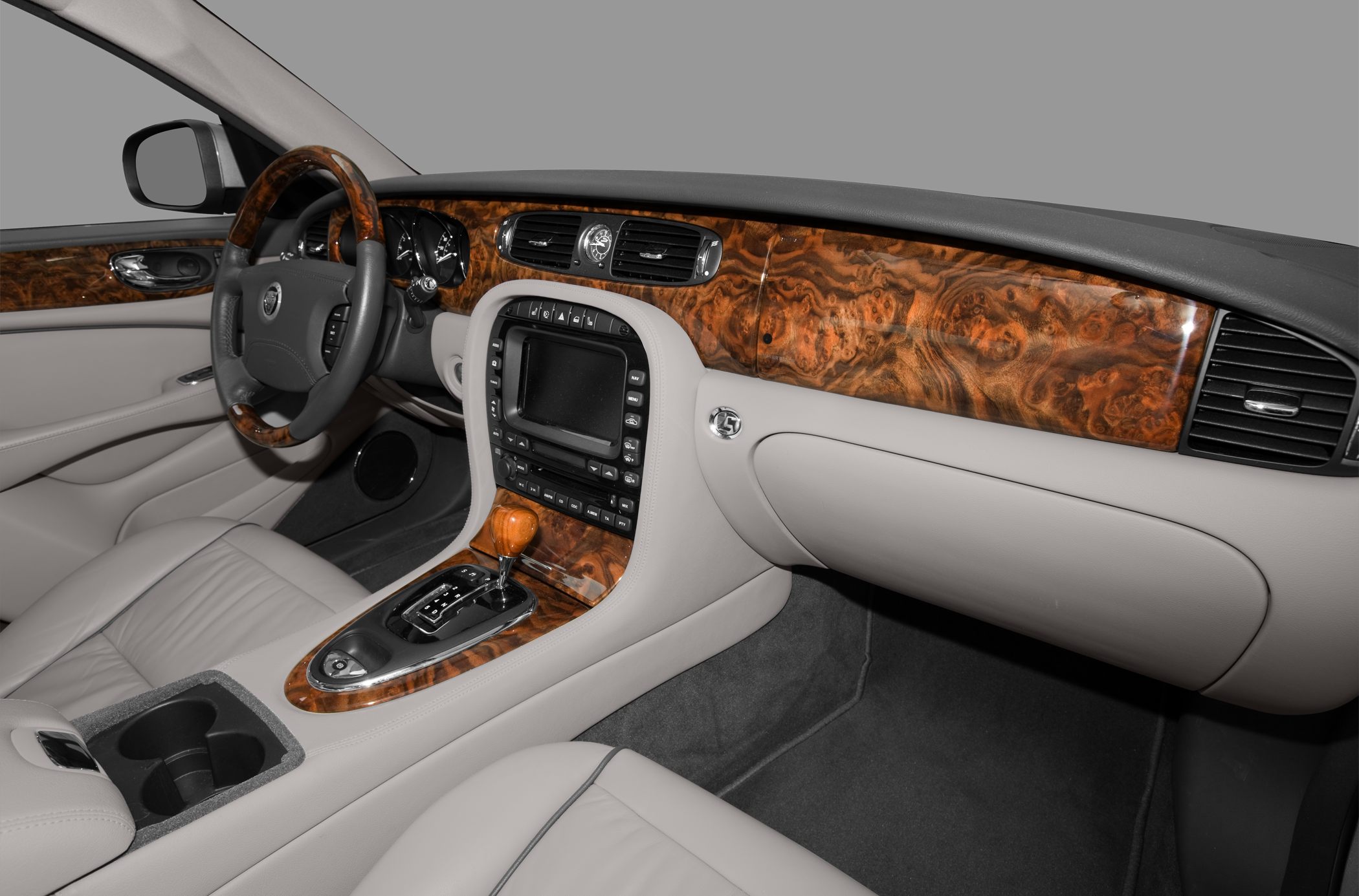 Luxury interior with wood trim and leather upholstery