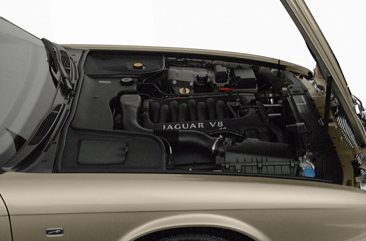 Close-up of a Jaguar V8 engine in an open engine bay