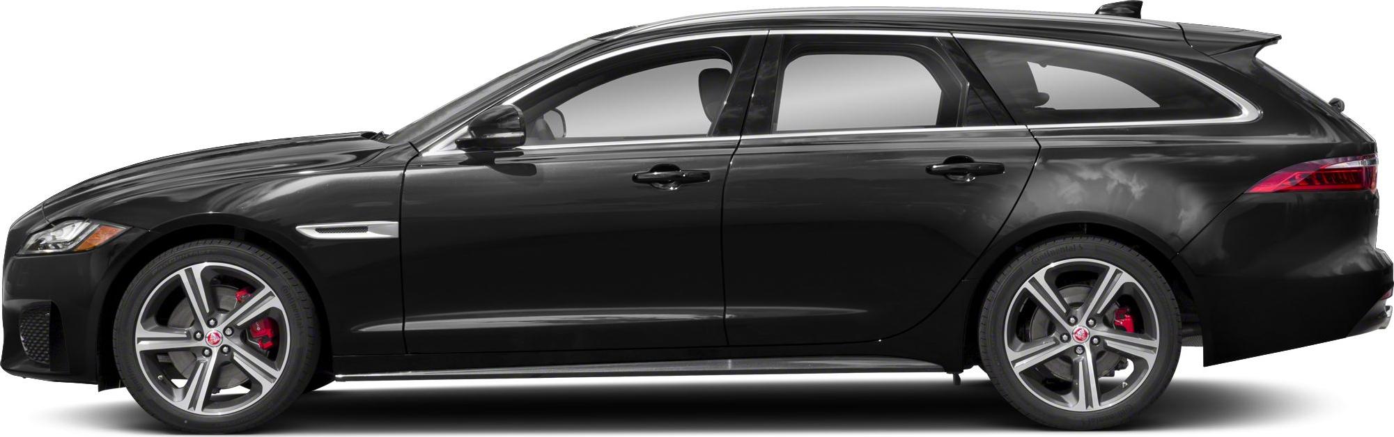Side profile of a sleek black luxury station wagon with sporty alloy wheels and red brake calipers