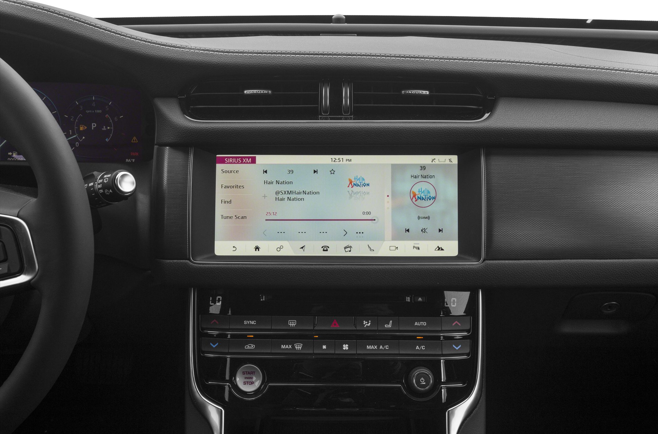 Infotainment touchscreen and climate control panel with start/stop button