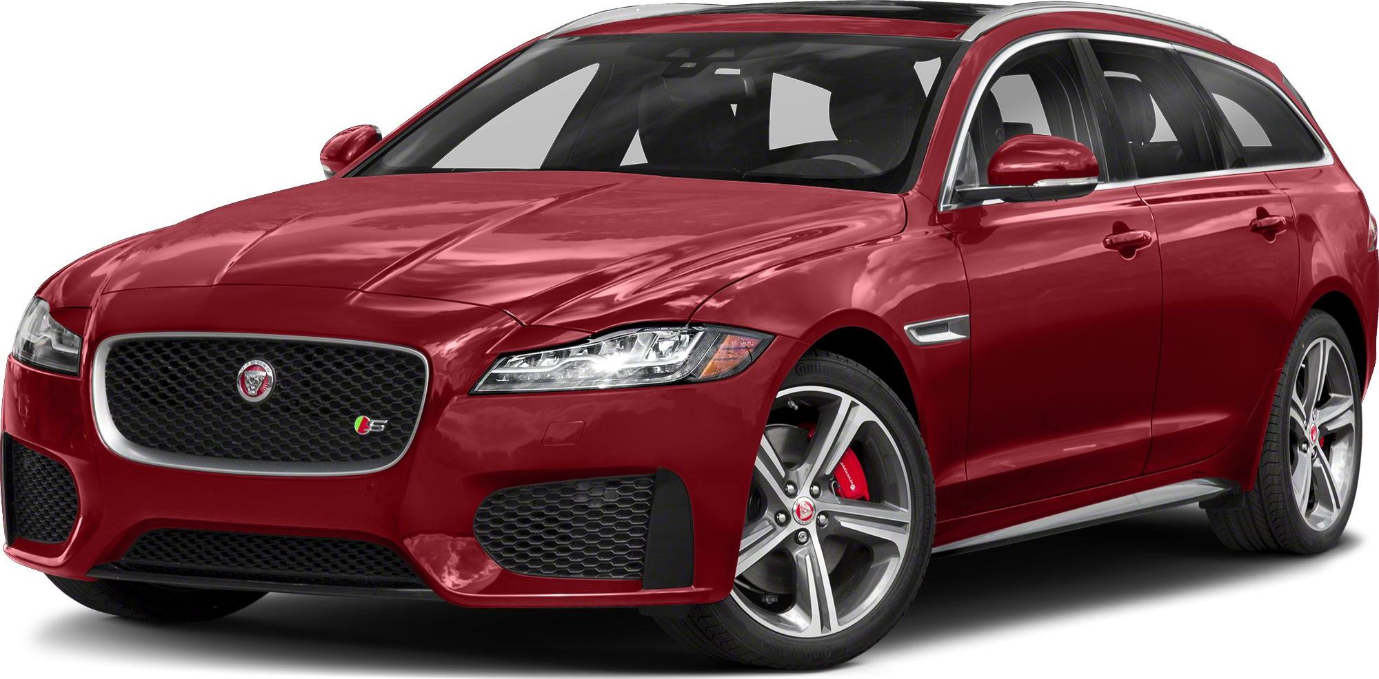 Sporty red station wagon with aggressive grille and alloy wheels.