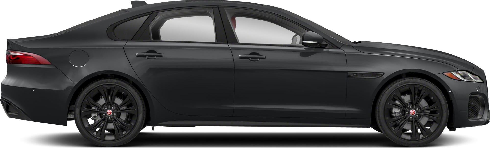 Side profile of a sleek black sedan with sporty alloy wheels and sharp headlamps