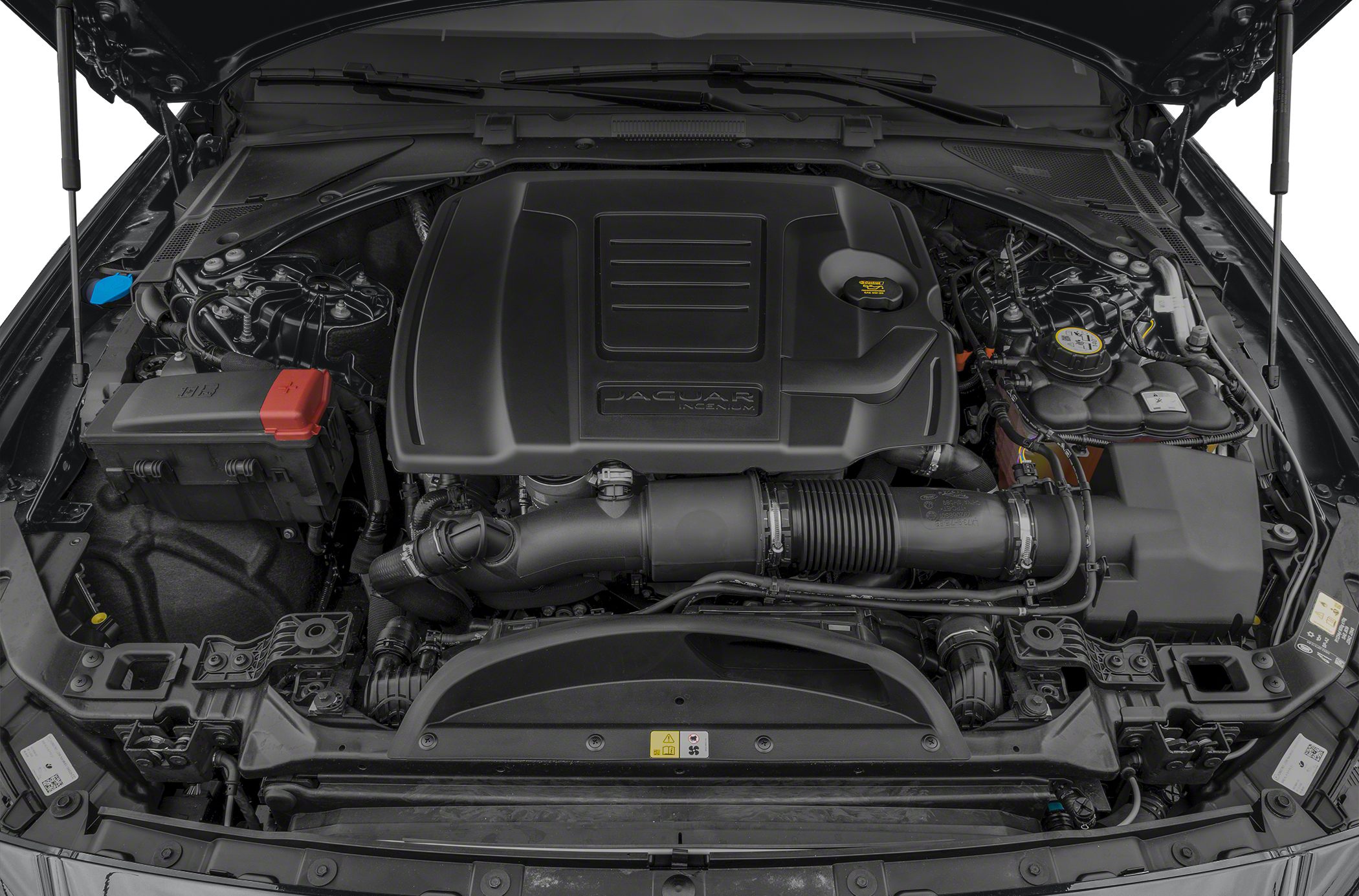 Clean, organized Jaguar XF engine bay with plastic cover and fluid reservoirs