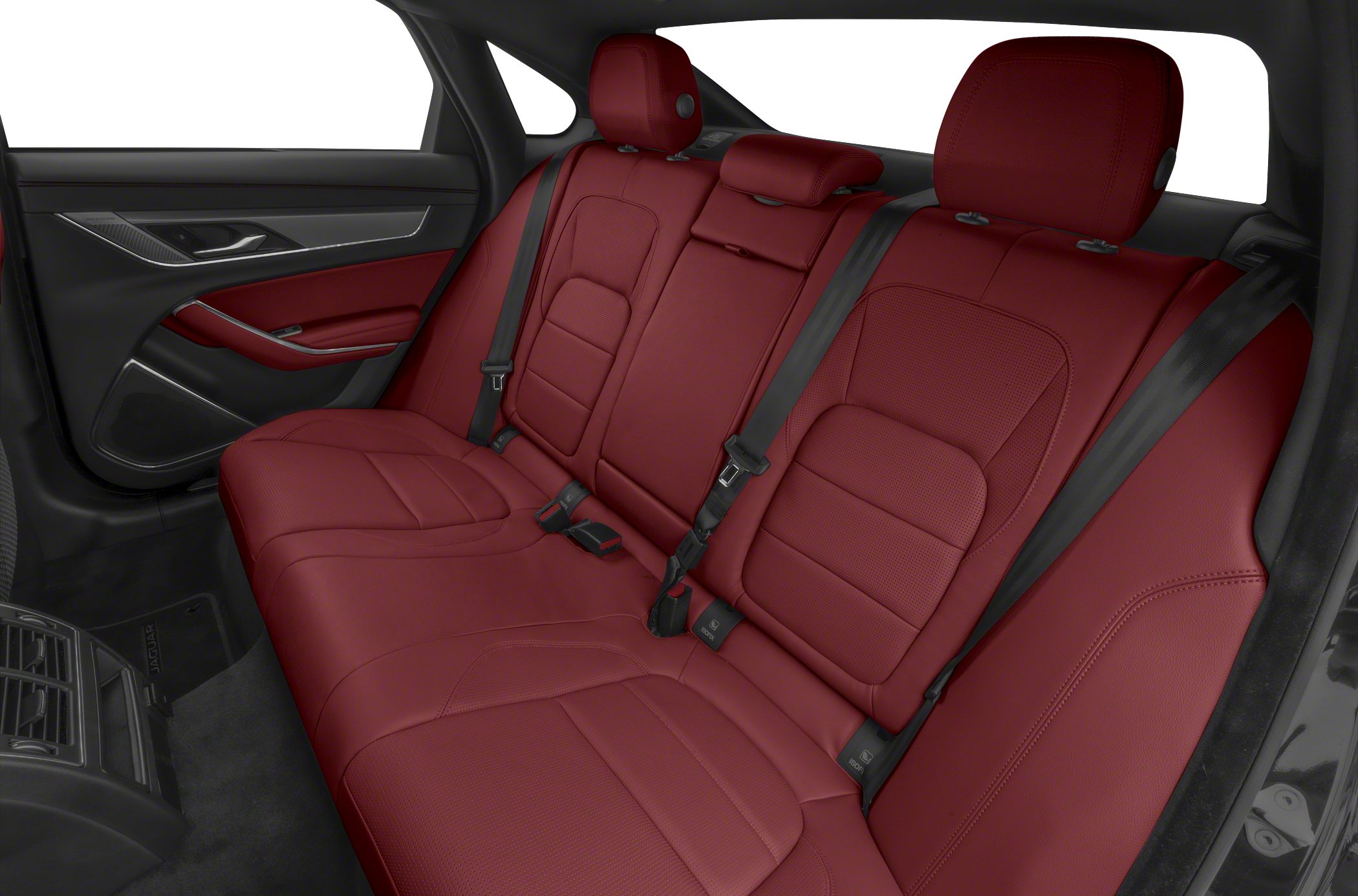 Red leather rear seat interior with ISOFIX and armrest.