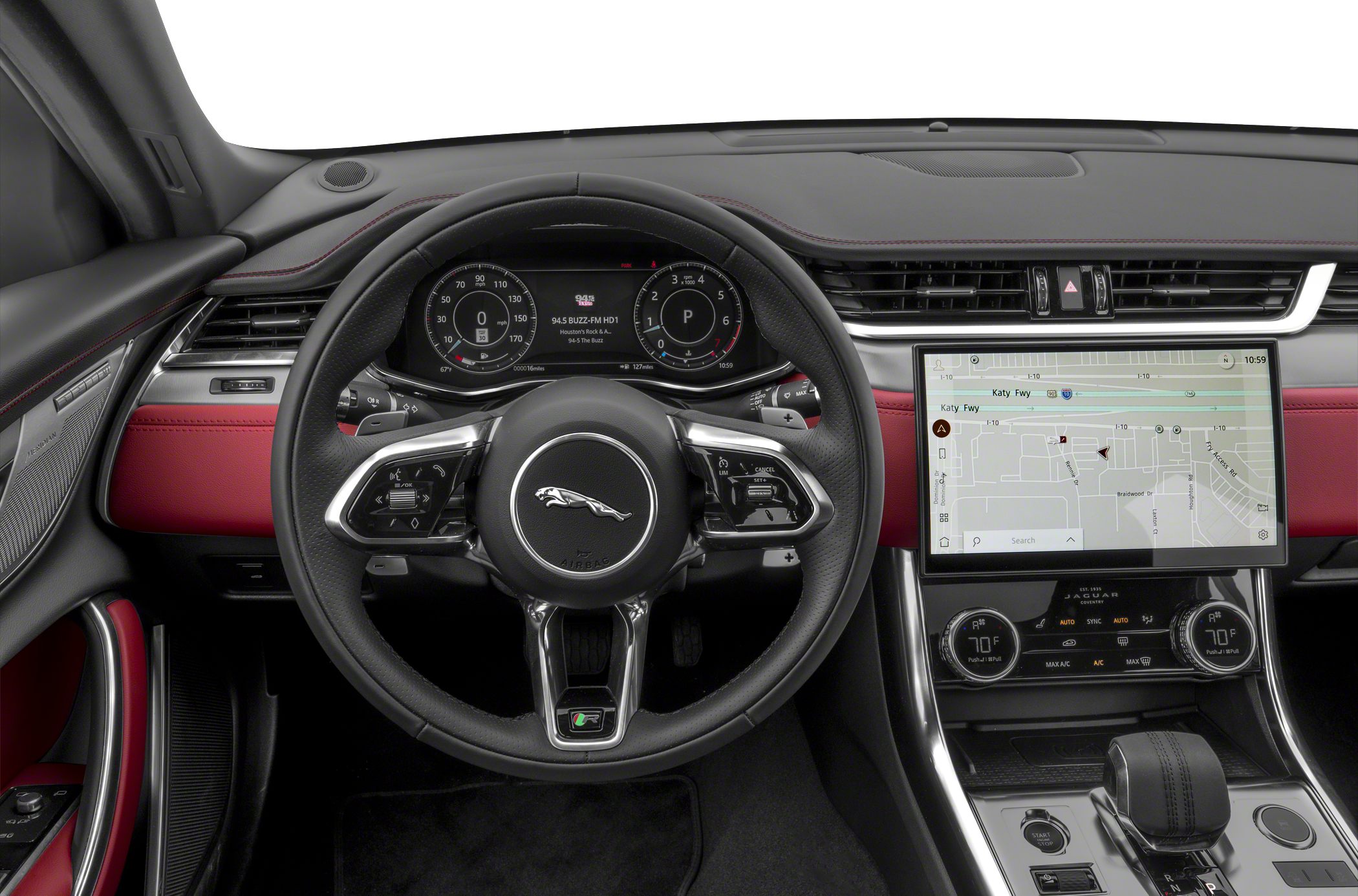 Digital dashboard and touchscreen infotainment system in upscale car interior