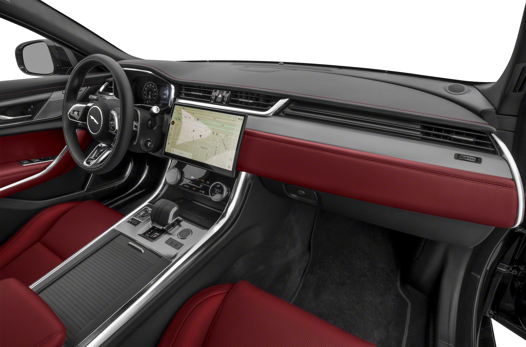 Luxury car interior with digital dashboard and touchscreen navigation