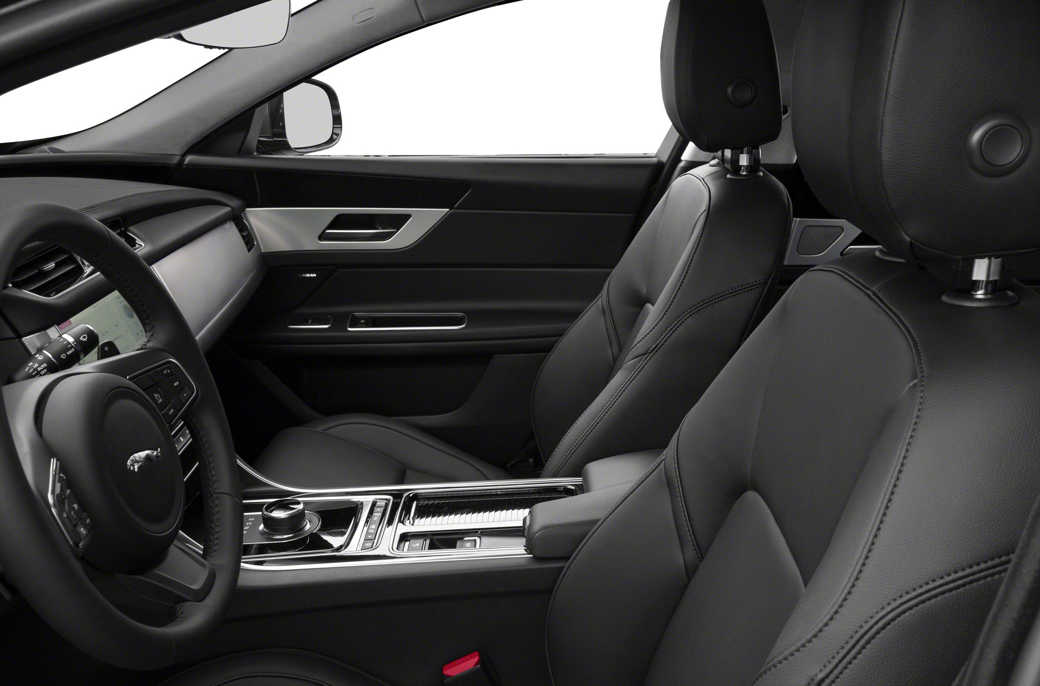 Luxury car interior with black leather seats and modern dashboard.
