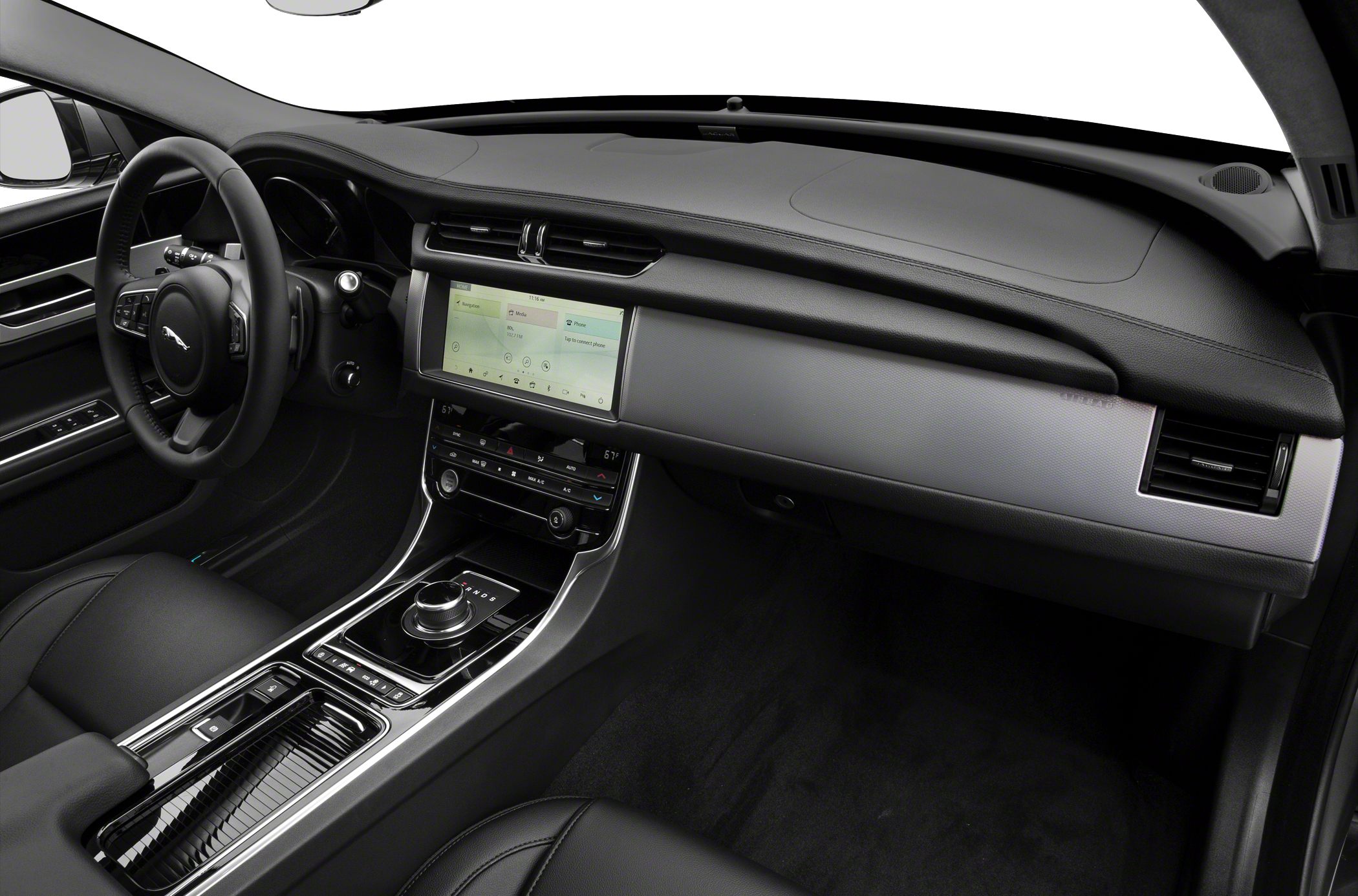 Dashboard and center console with touchscreen and rotary gear selector