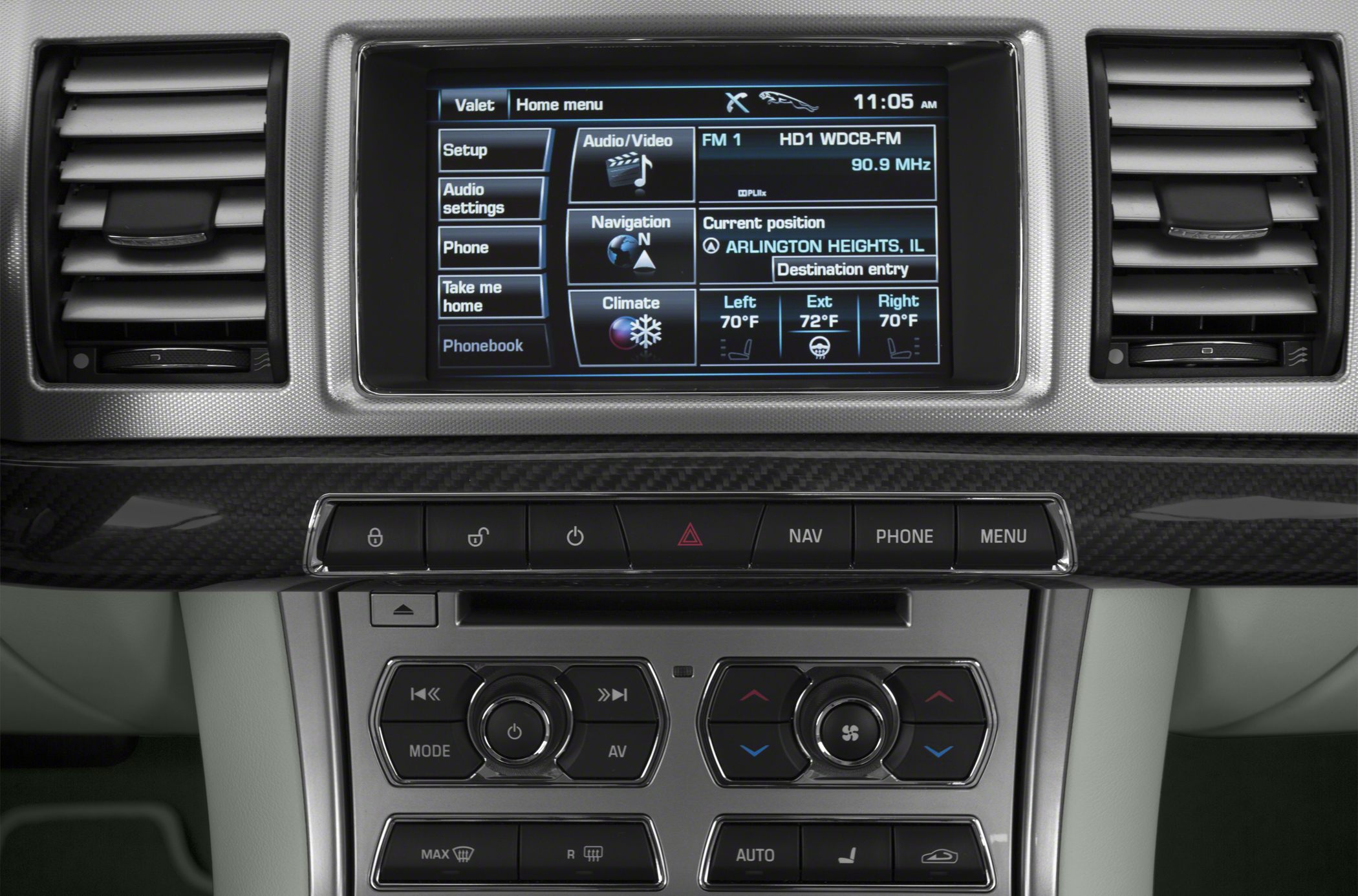Car infotainment screen and climate controls with vents