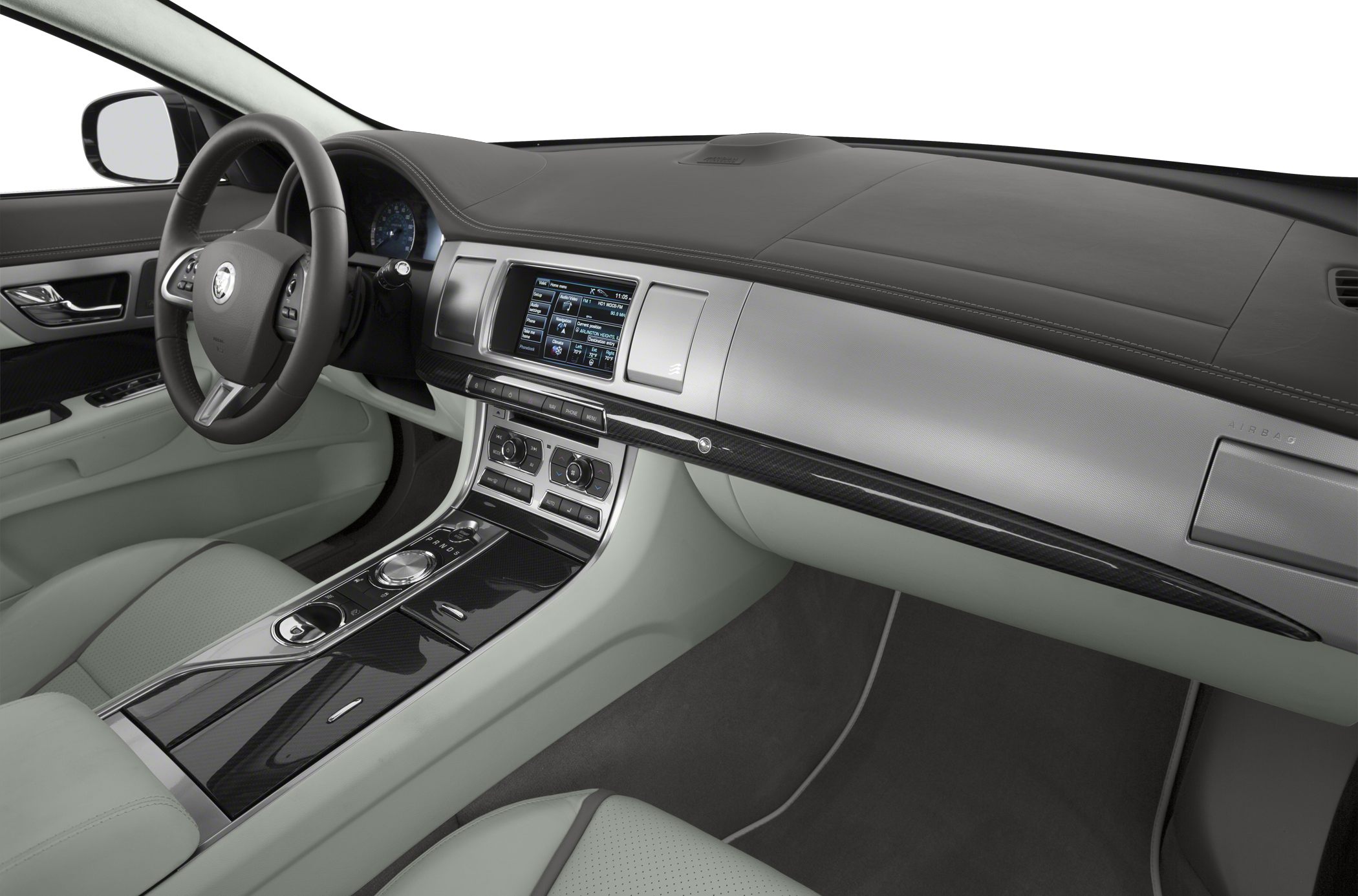 Luxurious dashboard and center console with infotainment and steering wheel