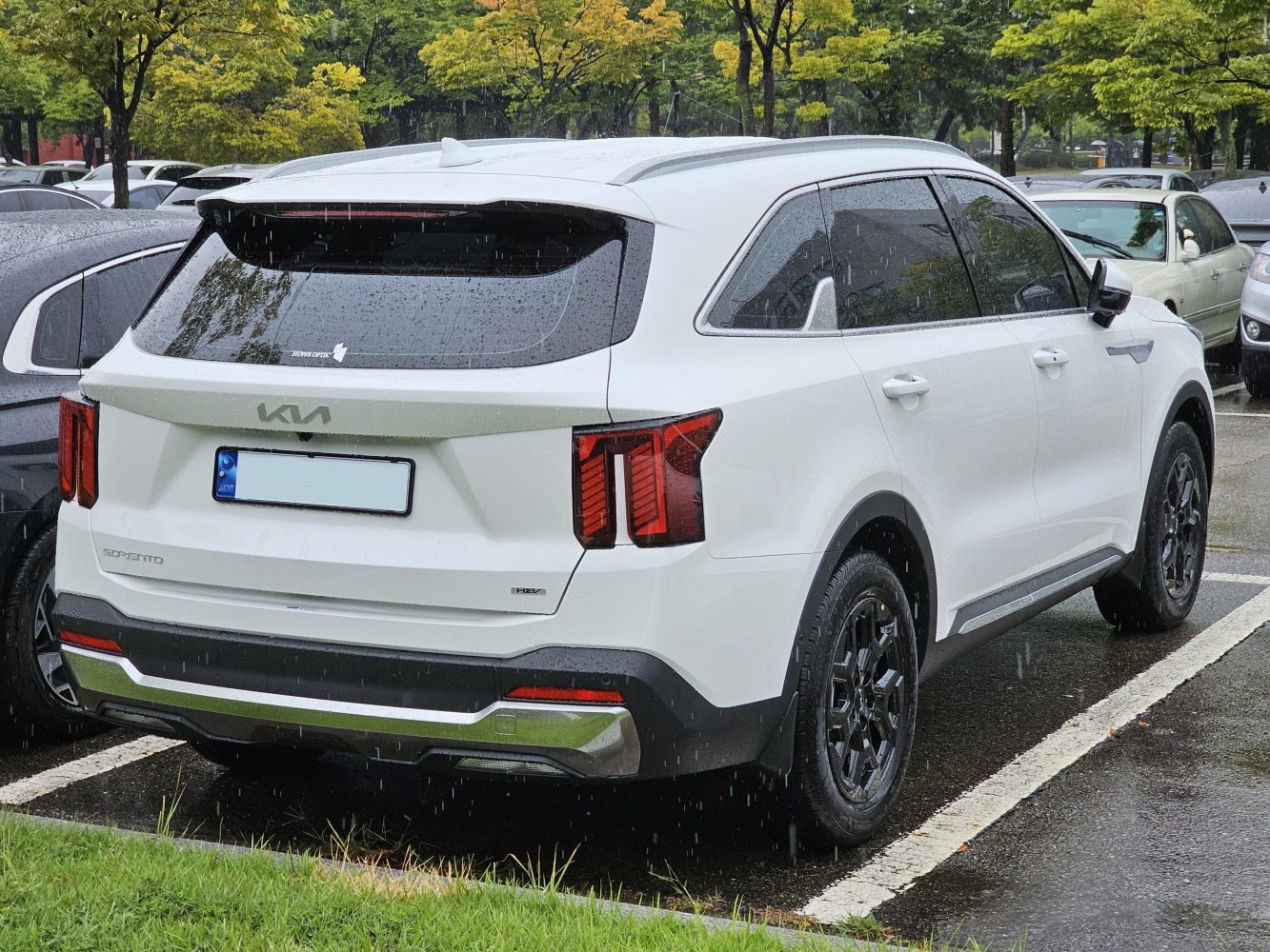 Rear view of modern SUV with LED tail lights and black alloy wheels