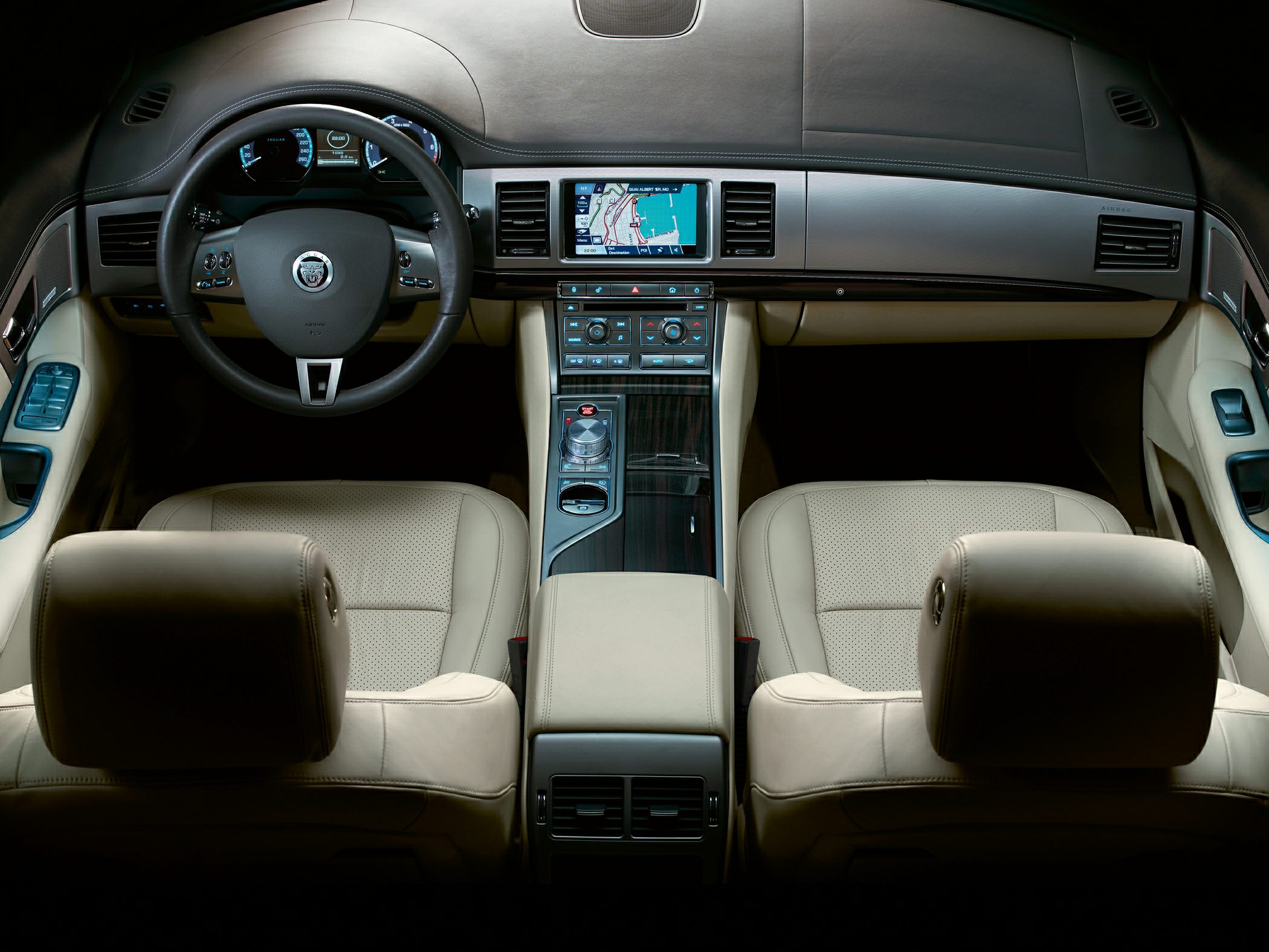 Luxury car interior with leather seats and built-in navigation screen