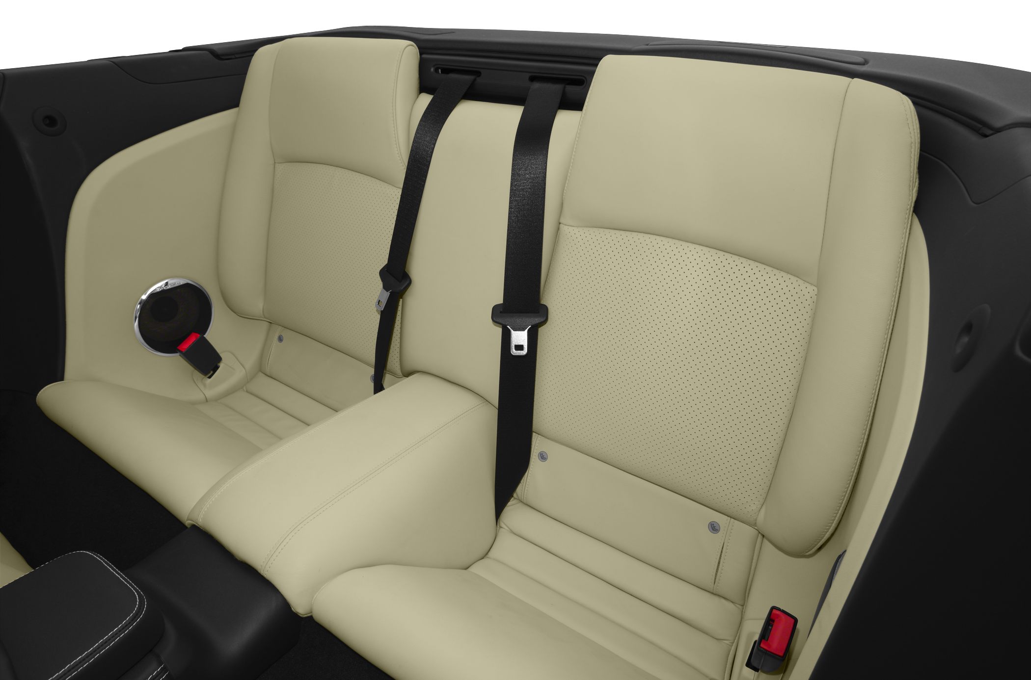 Beige leather rear seats with seatbelts in a convertible interior