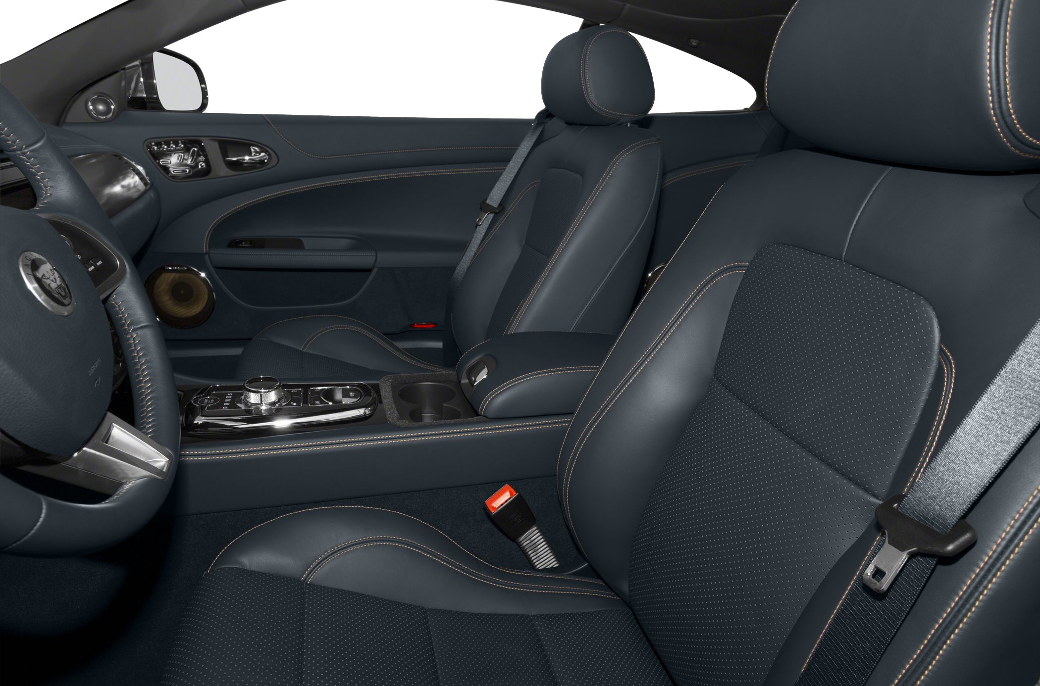 Luxury leather seats with detailed stitching and advanced central console.