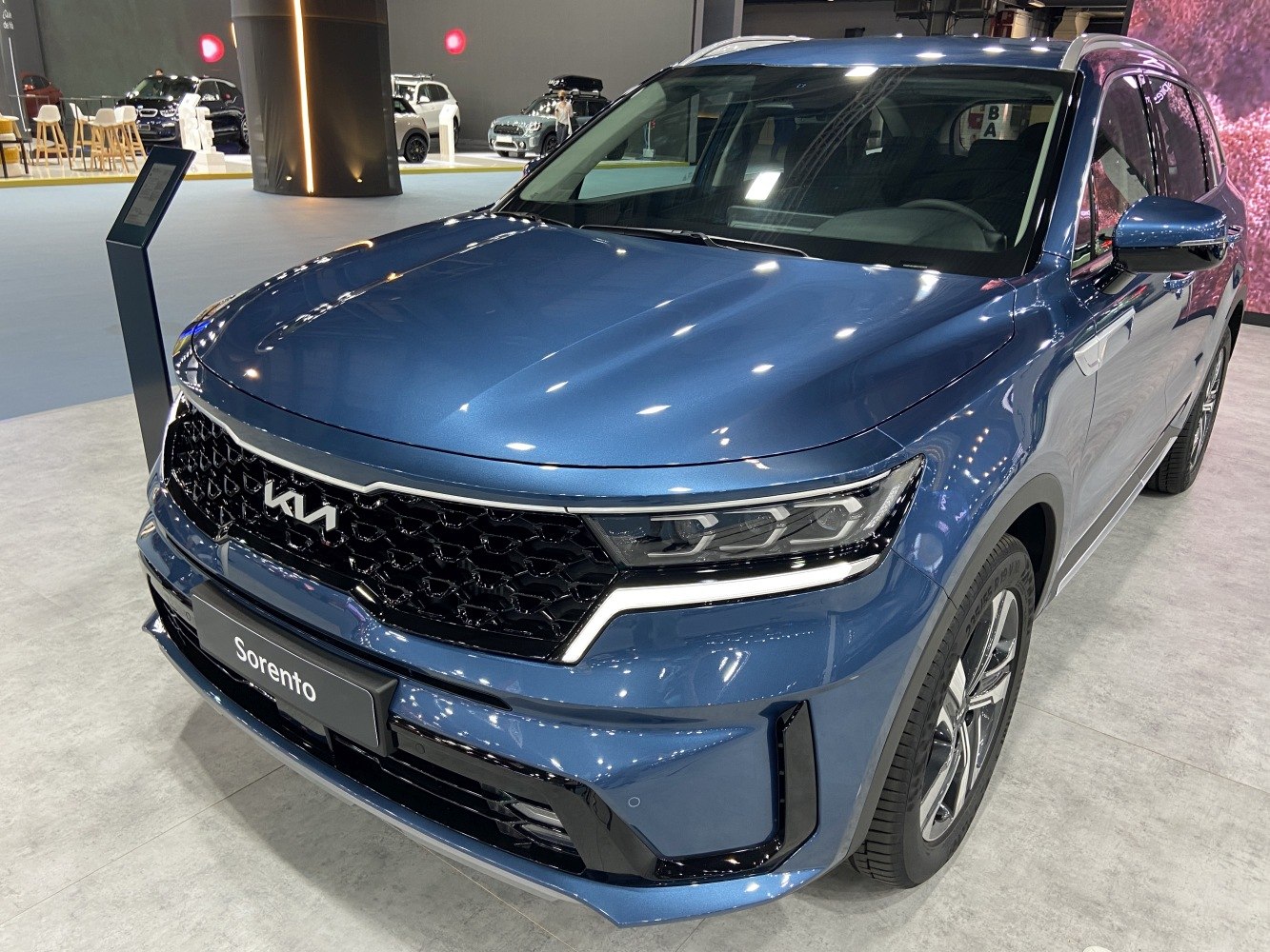 Front grille and LED headlights of an SUV in blue.