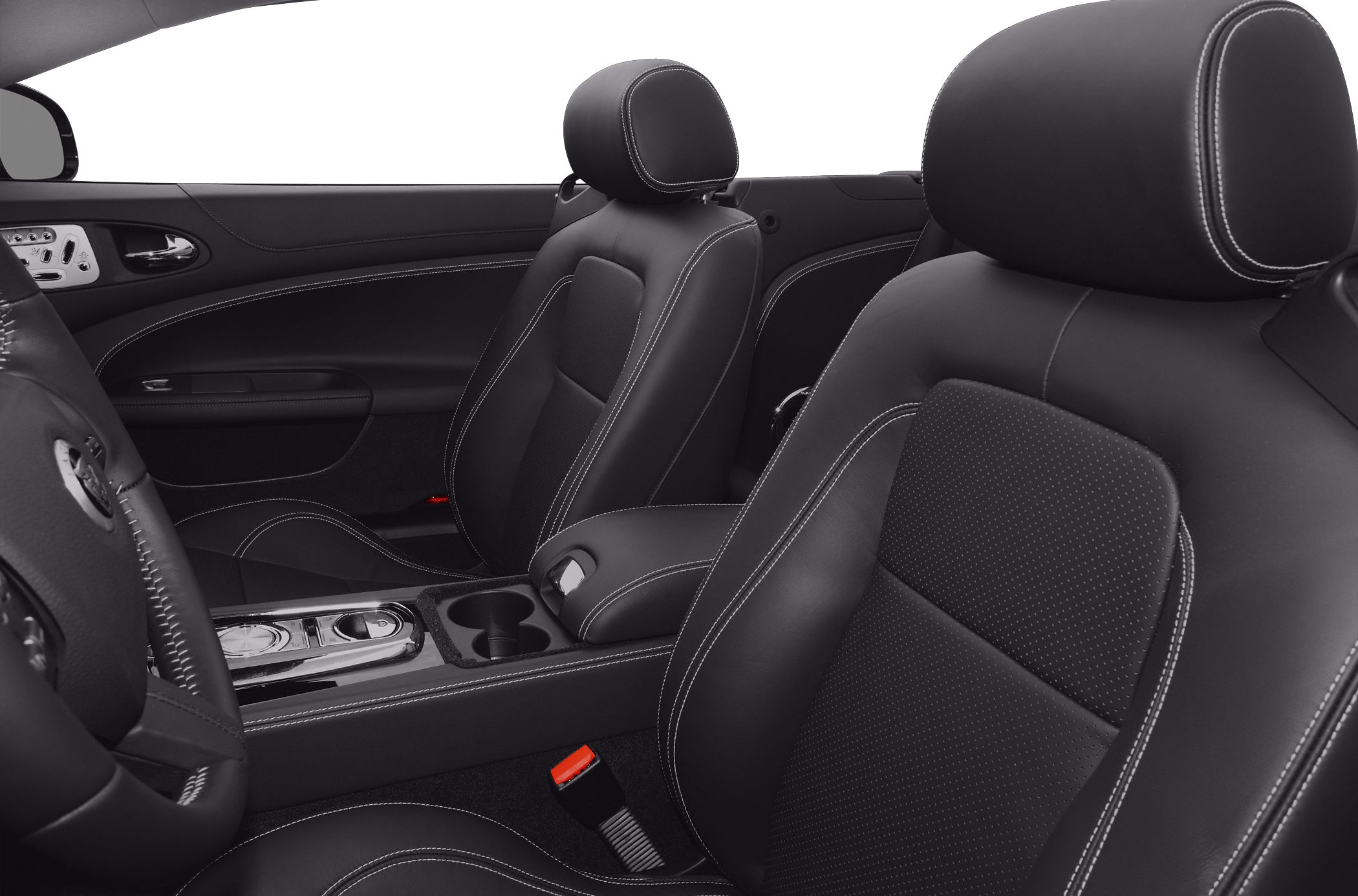 Black leather sport seats with white stitching and center console in convertible interior