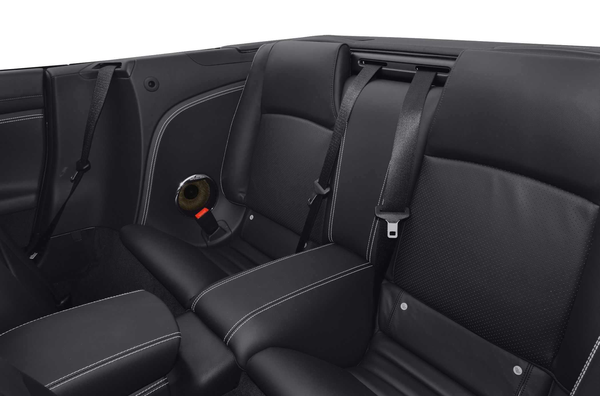Black leather rear seats with seat belts and detailed stitching