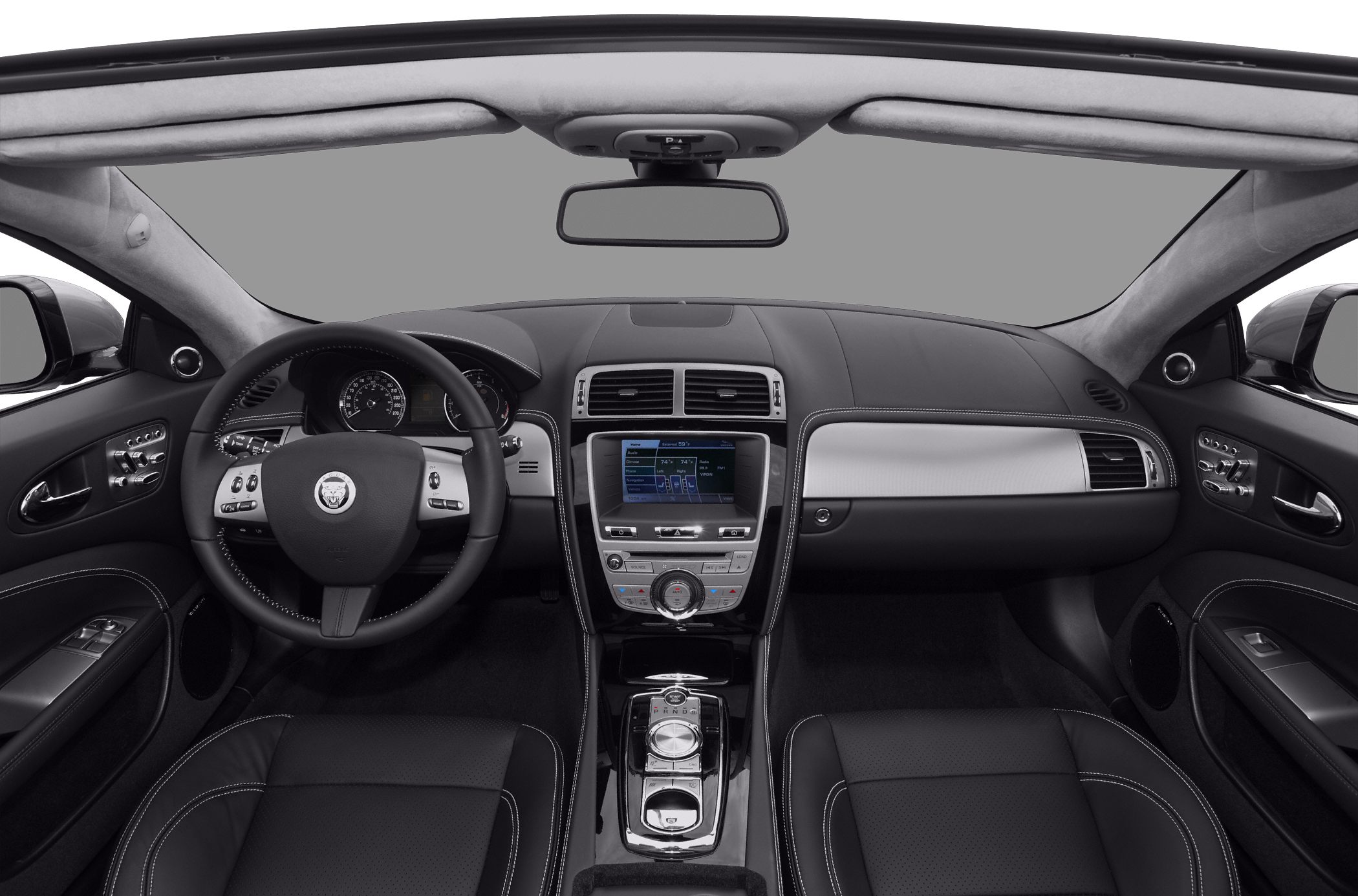 Luxury convertible dashboard with touchscreen and leather steering wheel