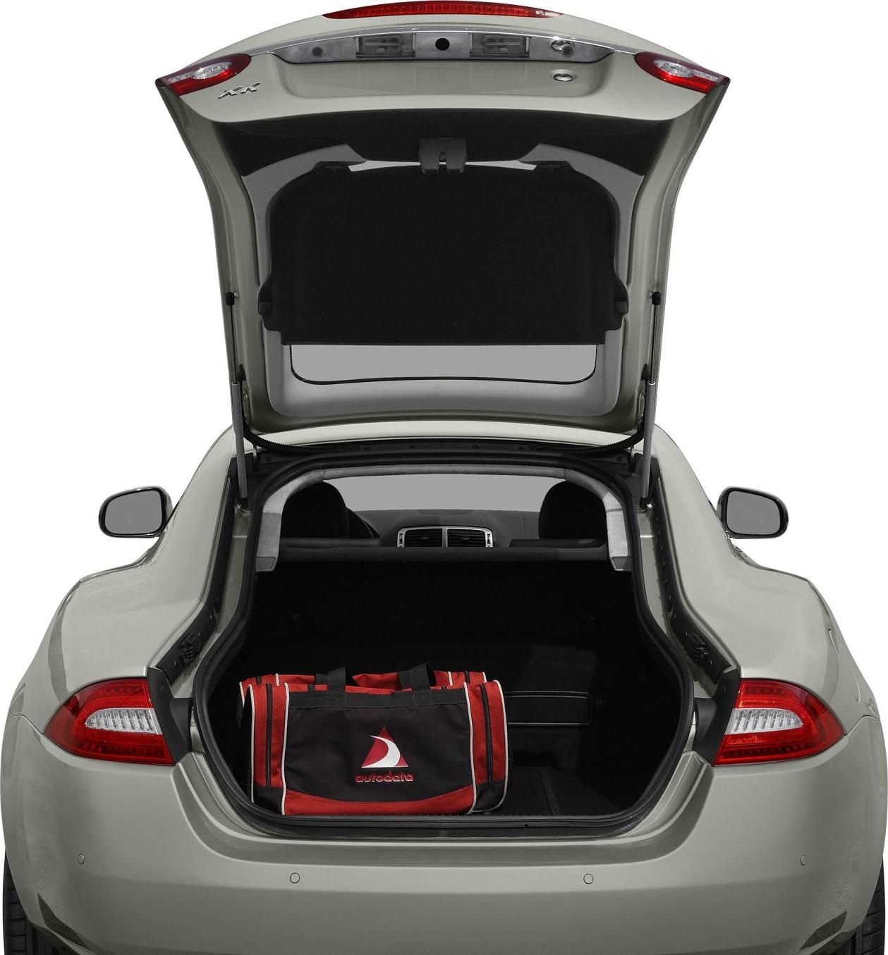 Open rear trunk with a red and black bag inside