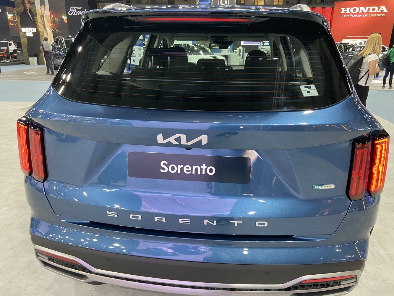 Rear view with tail lights, hatchback door, and hybrid badge.