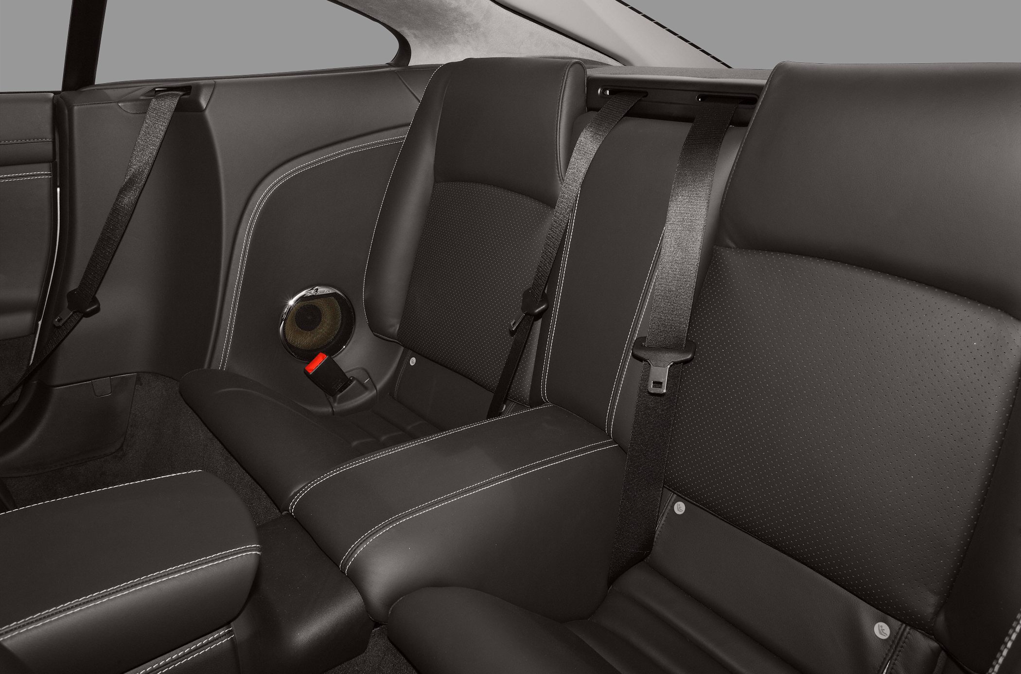 Rear leather seats with seat belts and integrated speaker