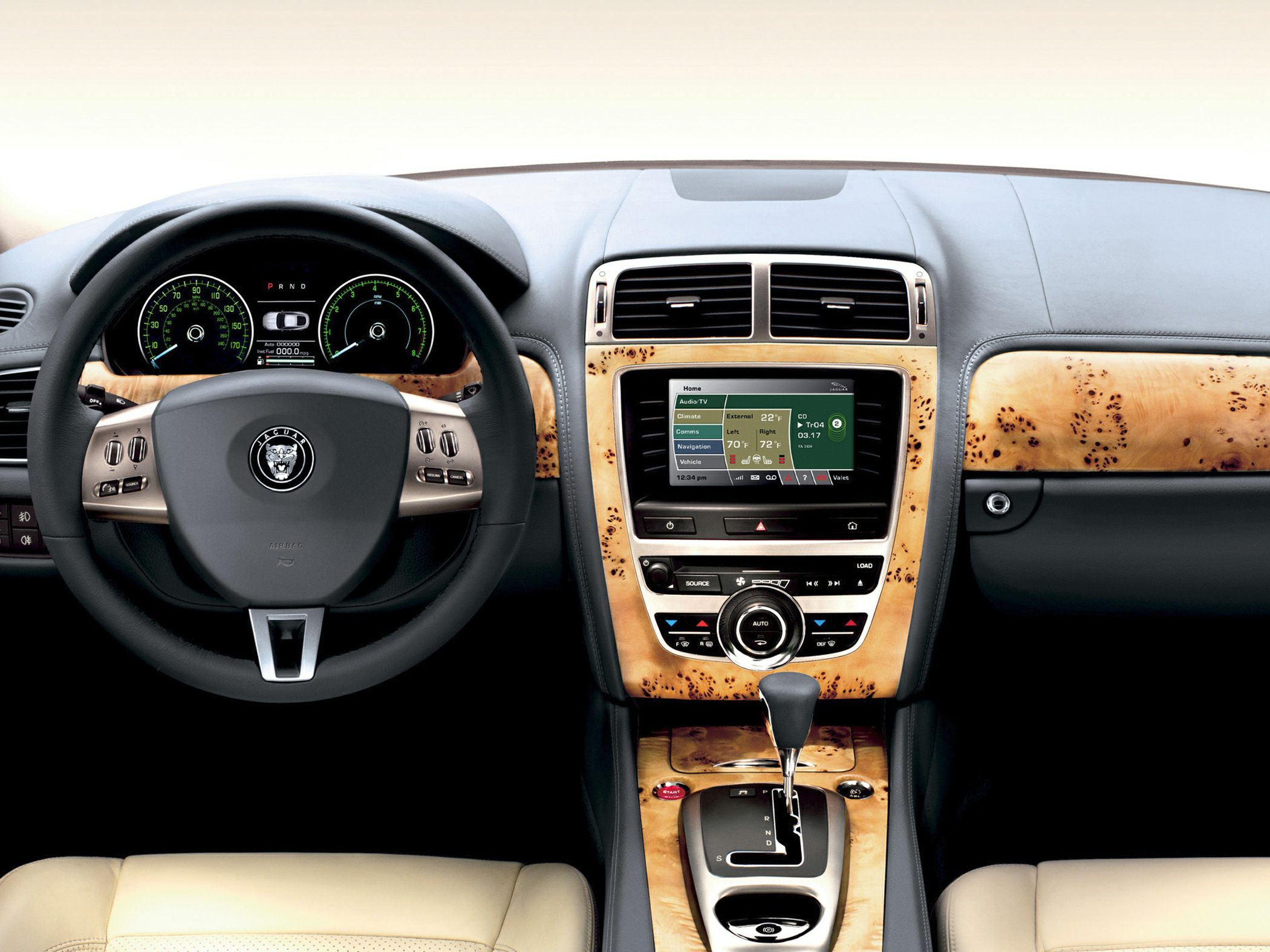 Wood trim dashboard with digital display and automatic gear shifter