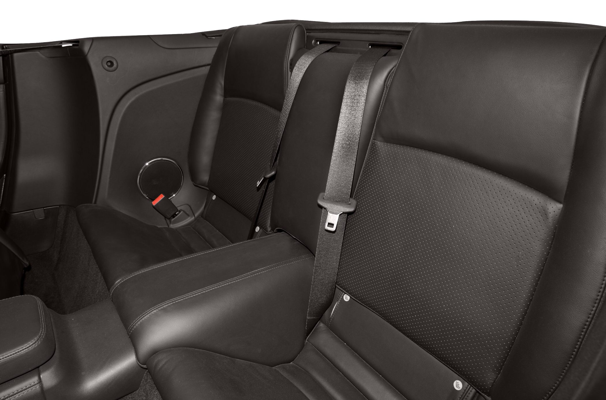 Rear leather seats with seatbelts in a convertible interior