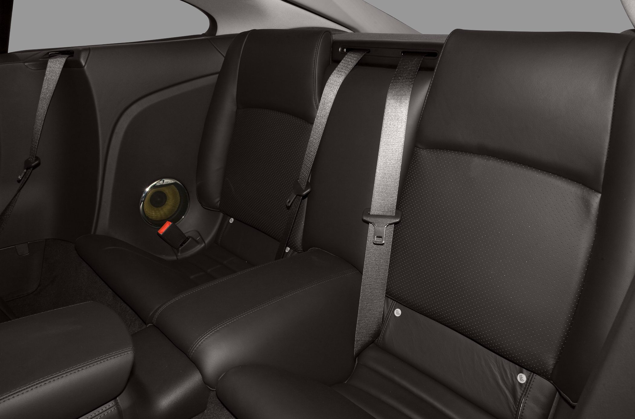 Black leather rear seats with seat belts and built-in speaker