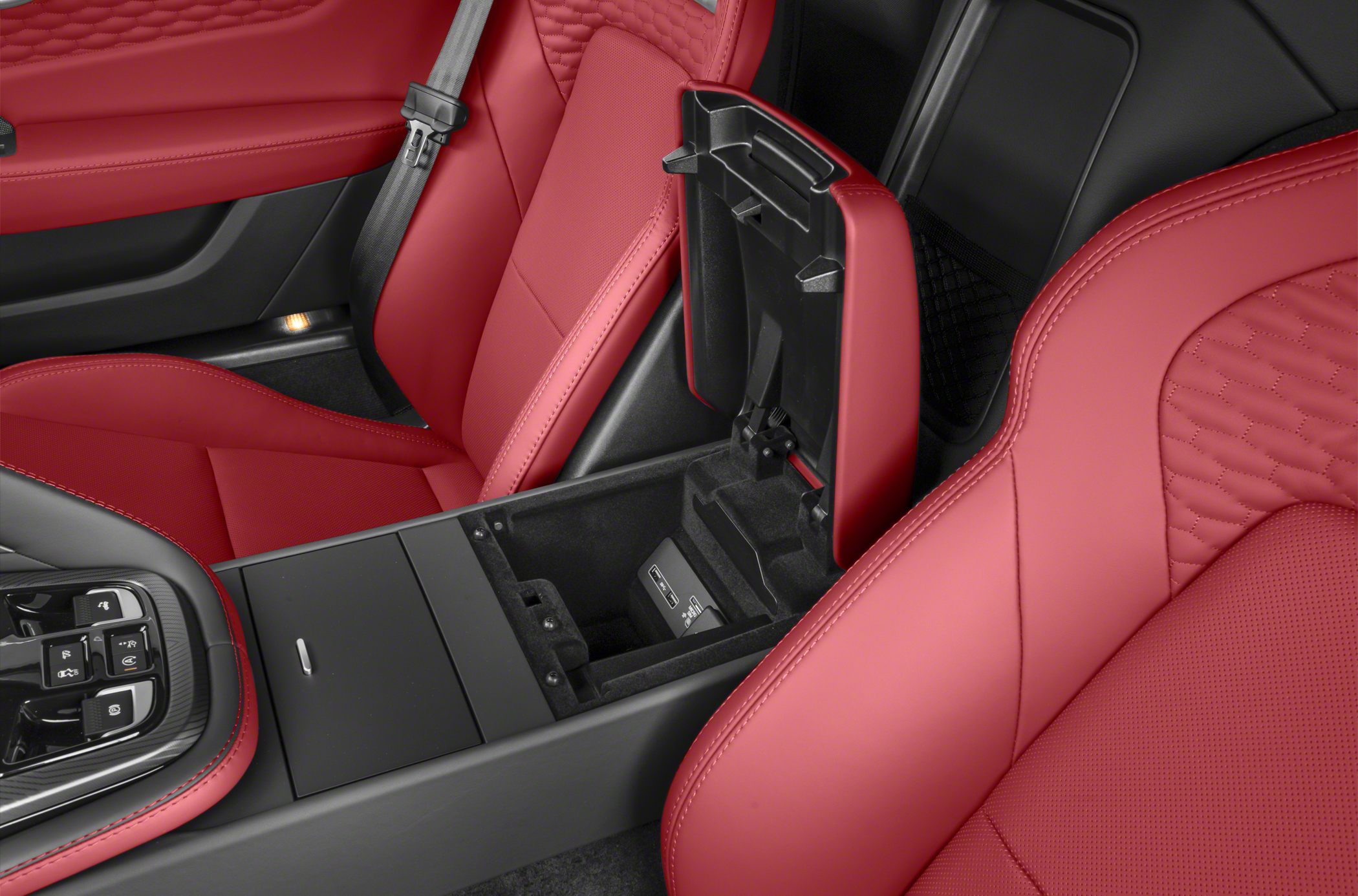 Red leather seats and open center console storage