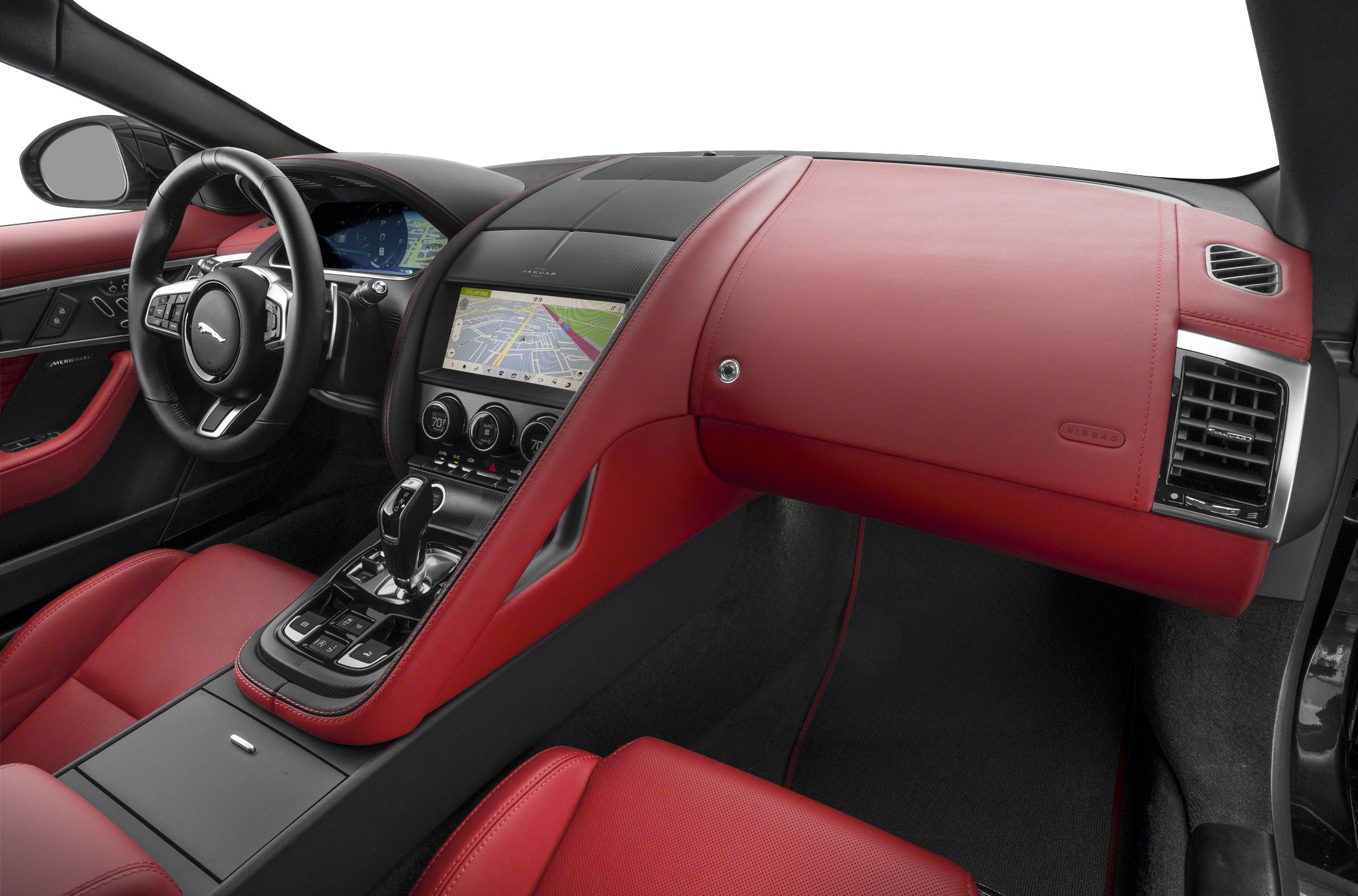 Luxury red leather interior with digital navigation and modern dashboard