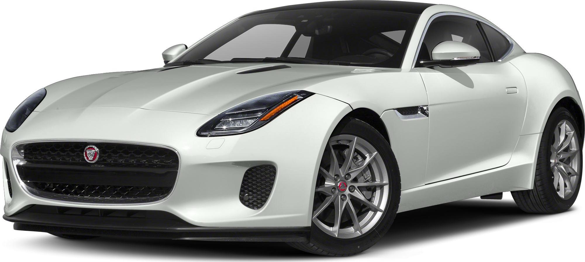 Sporty Jaguar coupe front side view with aerodynamic design and LED headlights